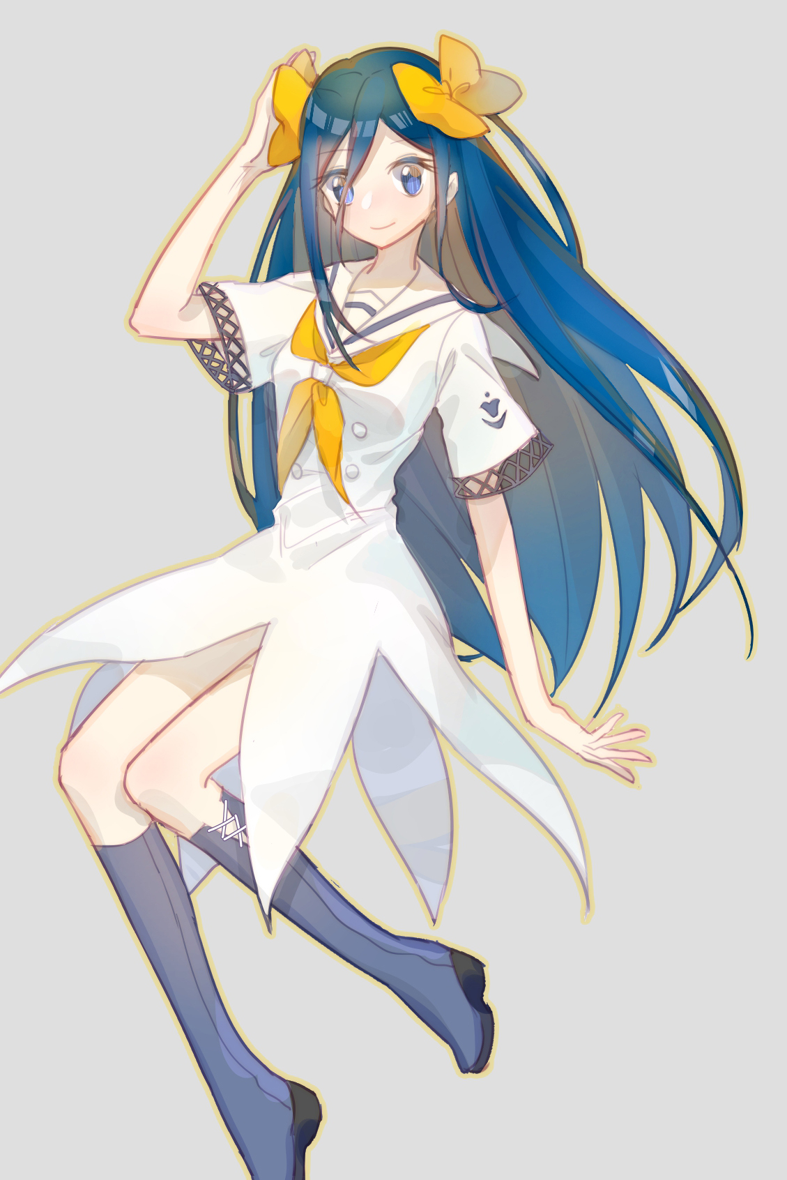 fox (770205490), yukariki ichihime, zaregoto series, highres, 1girl, blue eyes, blue hair, boots, bow, closed mouth, dress, floating, full body, grey background, grey boots, hair bow, hand on own head, hand up, knee boots, long hair, looking at viewer, multiple hair bows, neckerchief, sailor collar, sailor dress, short sleeves, simple background, smile, solo, white dress, white sailor collar, yellow bow, yellow neckerchief