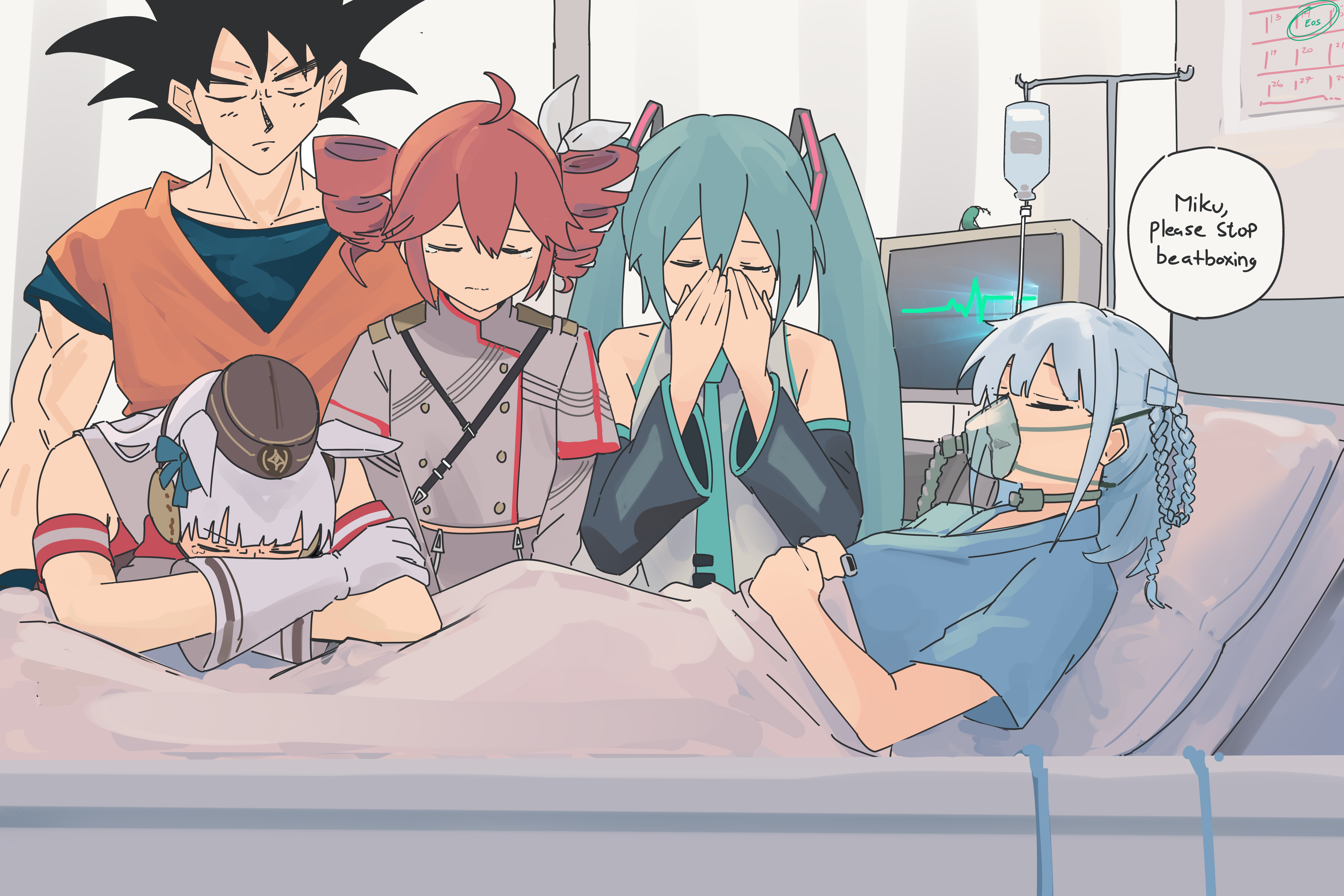 myticalcat, gold ship (umamusume), hatsune miku, kasane teto, son goku, dragon ball, dragonball z, microsoft windows, umamusume, utau, vocaloid, windows 10, absurdres, commentary, english commentary, highres, 1boy, 4girls, aqua hair, aqua necktie, armband, bed, black hair, black hat, black sleeves, blue shirt, cardiogram, closed eyes, closed mouth, covering own mouth, crossover, detached sleeves, dress, drill hair, ears down, english text, gloves, grey dress, grey gloves, grey hair, grey shirt, hair ornament, hair ribbon, hat, hospital bed, hospital gown, indoors, intravenous drip, jumpsuit, layered sleeves, leaning forward, leaning on person, long hair, long sleeves, medium hair, multiple crossover, multiple girls, necktie, open mouth, orange jumpsuit, oxygen mask, pillbox hat, red dress, red hair, ribbon, sad, shirt, short hair, short over long sleeves, short sleeves, sleeveless, sleeveless dress, sleeveless shirt, smile, spiked hair, tearing up, twin drills, twintails, under covers, v arms, very long hair, white ribbon