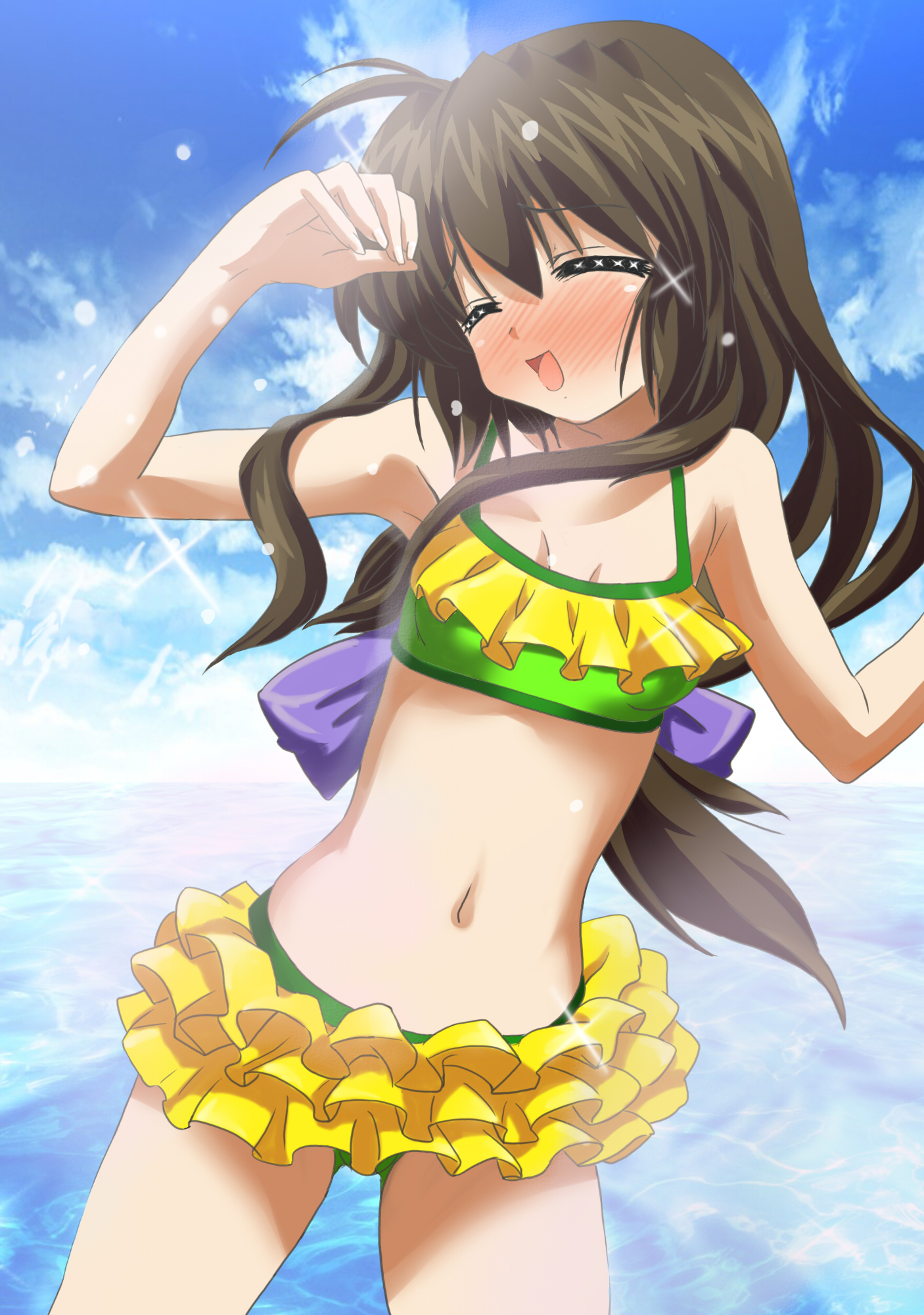 aruru no zaki, aruruno, tim tim machine, ibuki fuuko, clannad, bad id, bad pixiv id, colorized, highres, 00s, 1girl, bikini, blush, child, closed eyes, cloud, day, female focus, hair ribbon, long hair, open mouth, ribbon, sky, solo, swimsuit, tankini, water, yellow bikini