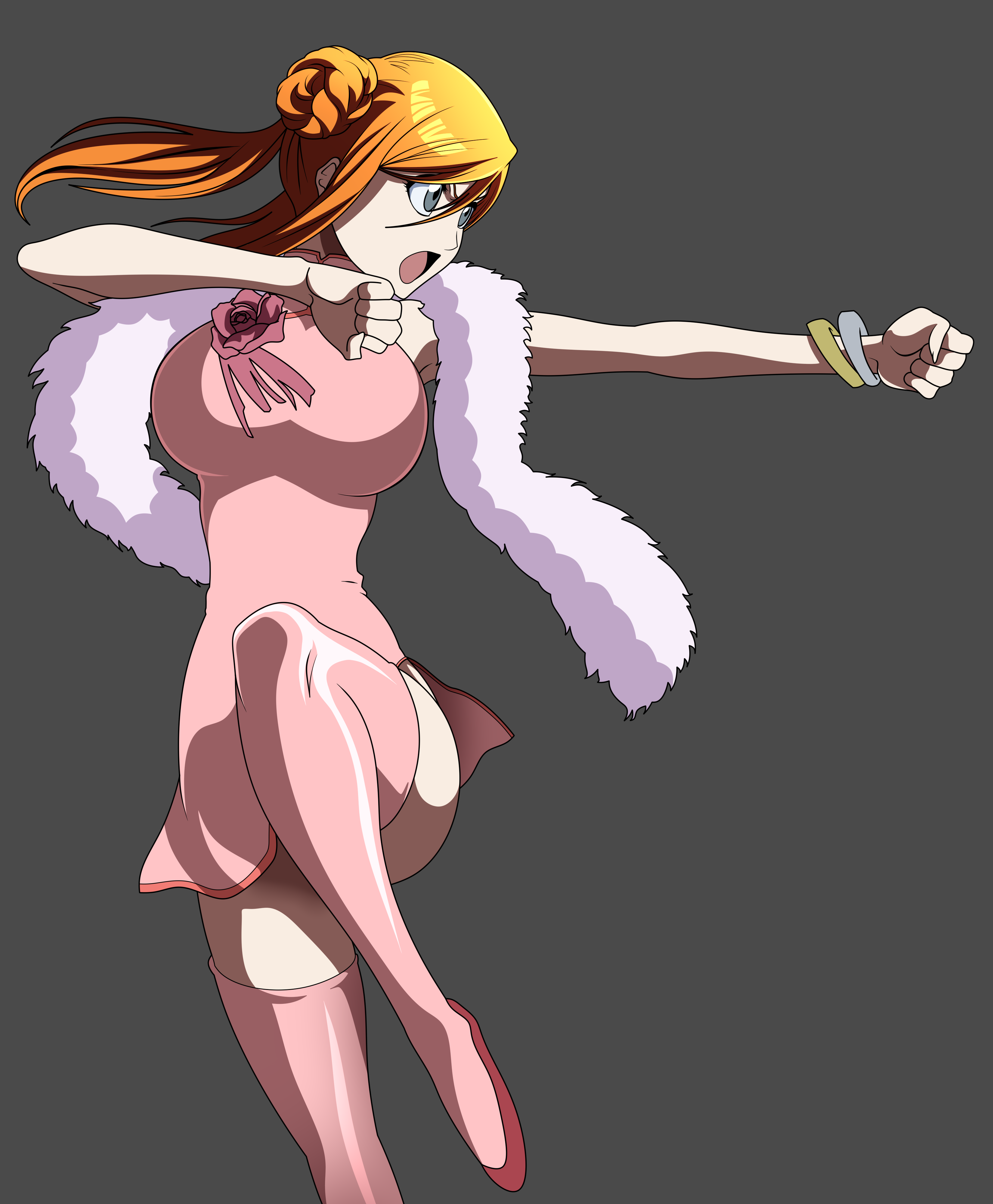 oldhorrorz, inoue orihime, bleach, bleach: brave souls, 1girl, bracelet, breasts, brown eyes, china dress, chinese clothes, dress, female focus, fighting stance, fur shawl, jewelry, large breasts, leg up, official alternate costume, open mouth, orange hair, pink thighhighs, shawl, shoes, simple background, thighhighs, thighs