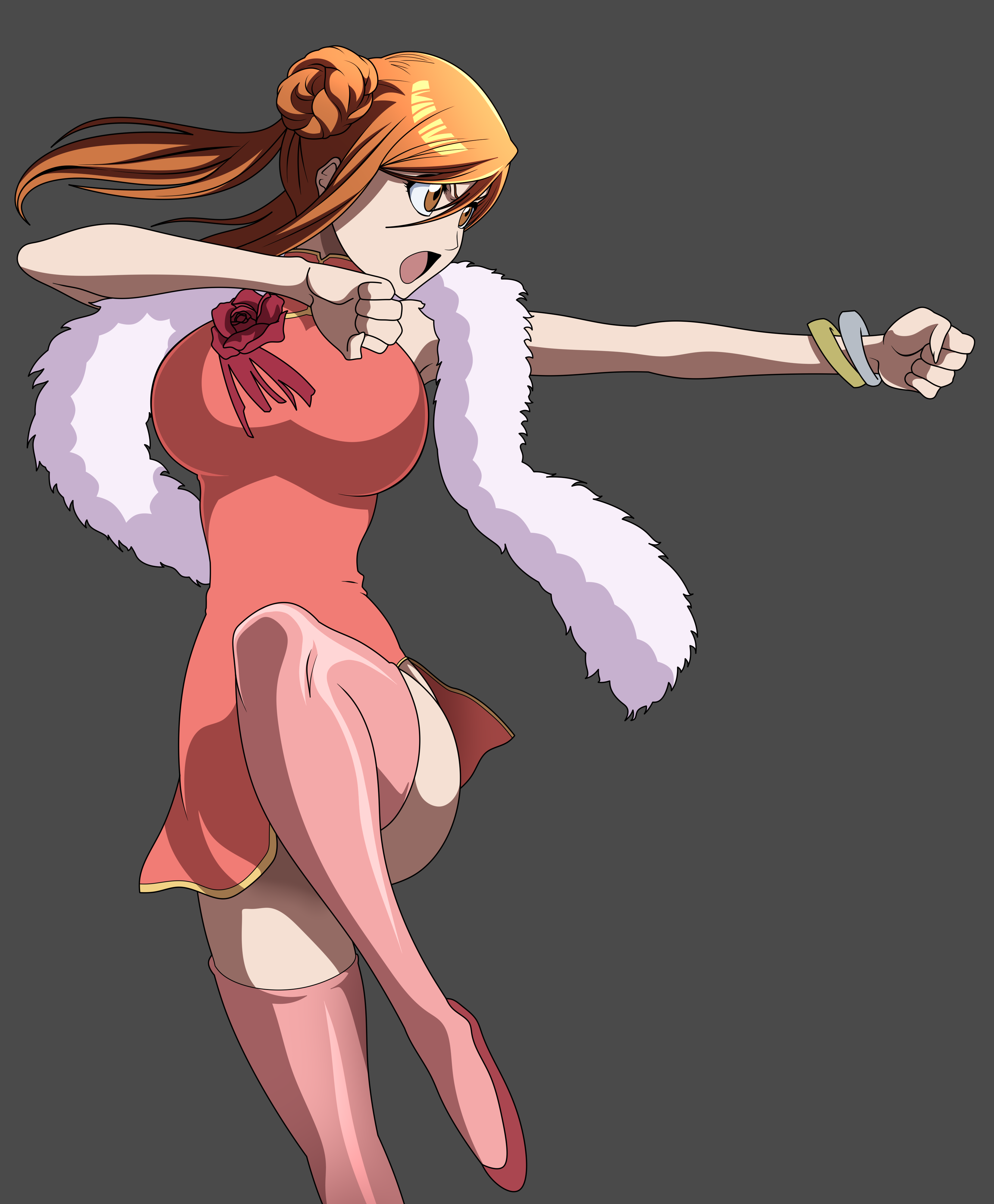 oldhorrorz, inoue orihime, bleach, bleach: brave souls, 1girl, bracelet, breasts, brown eyes, china dress, chinese clothes, dress, female focus, fighting stance, fur shawl, jewelry, large breasts, leg up, official alternate costume, open mouth, orange hair, pink thighhighs, shawl, shoes, simple background, thighhighs, thighs