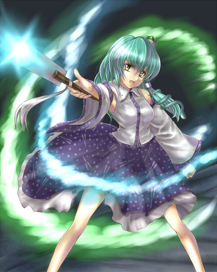 takemori shintarou, kochiya sanae, touhou, bad id, bad pixiv id, 1girl, breasts, danmaku, detached sleeves, dress, female focus, fighting stance, gradient background, green hair, solo, yellow eyes