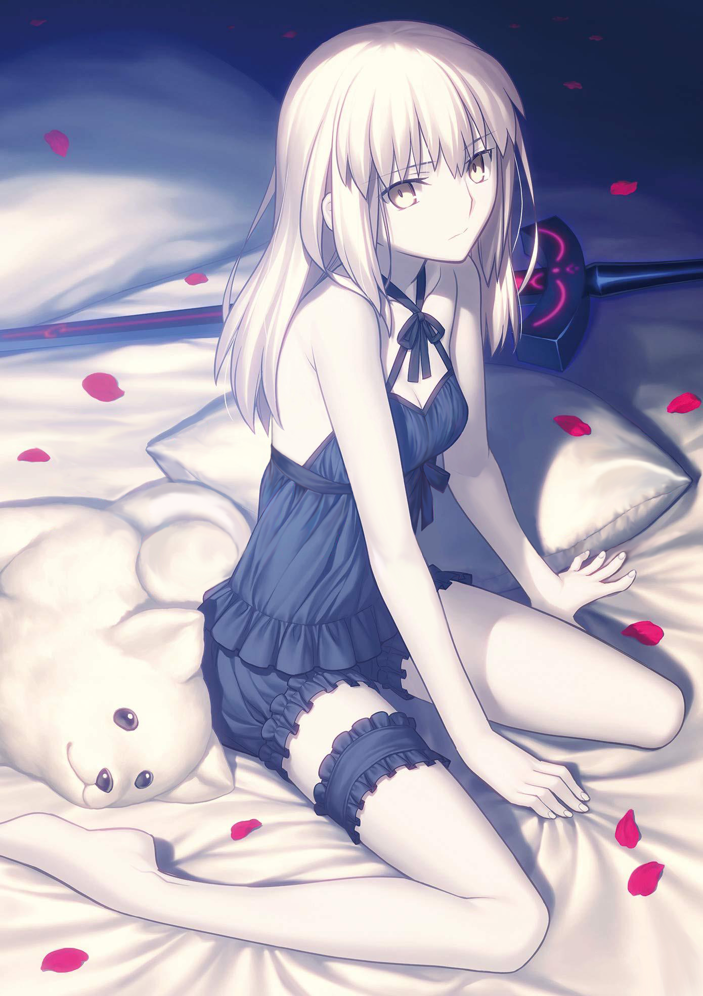 takeuchi takashi, artoria pendragon (fate), cavall ii (fate), saber alter, fate/grand order, fate (series), commentary, english commentary, highres, magazine scan, official art, scan, 1girl, barefoot, bed, black pajamas, dark persona, excalibur morgan (fate), flower, gothic lolita, grey hair, hair down, lolita fashion, looking at viewer, medium hair, official alternate costume, pajamas, pillow, stuffed animal, stuffed toy, underwear, yellow eyes