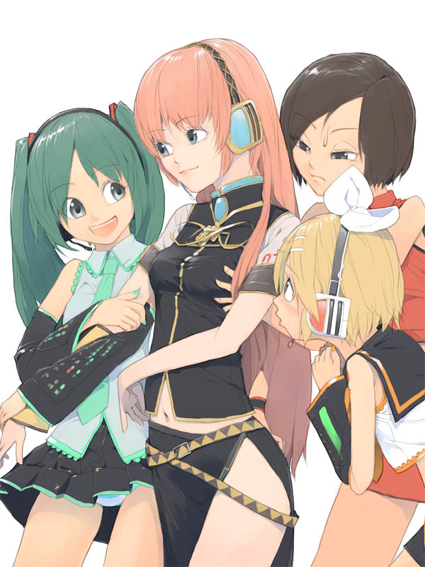 akinbo (hyouka fuyou), hatsune miku, kagamine rin, megurine luka, meiko (vocaloid), vocaloid, bad id, bad pixiv id, 4girls, blonde hair, breast envy, detached sleeves, green hair, headphones, long hair, looking at breasts, multiple girls, navel, panties, pantyshot, red hair, skirt, striped clothes, striped panties, twintails, underwear