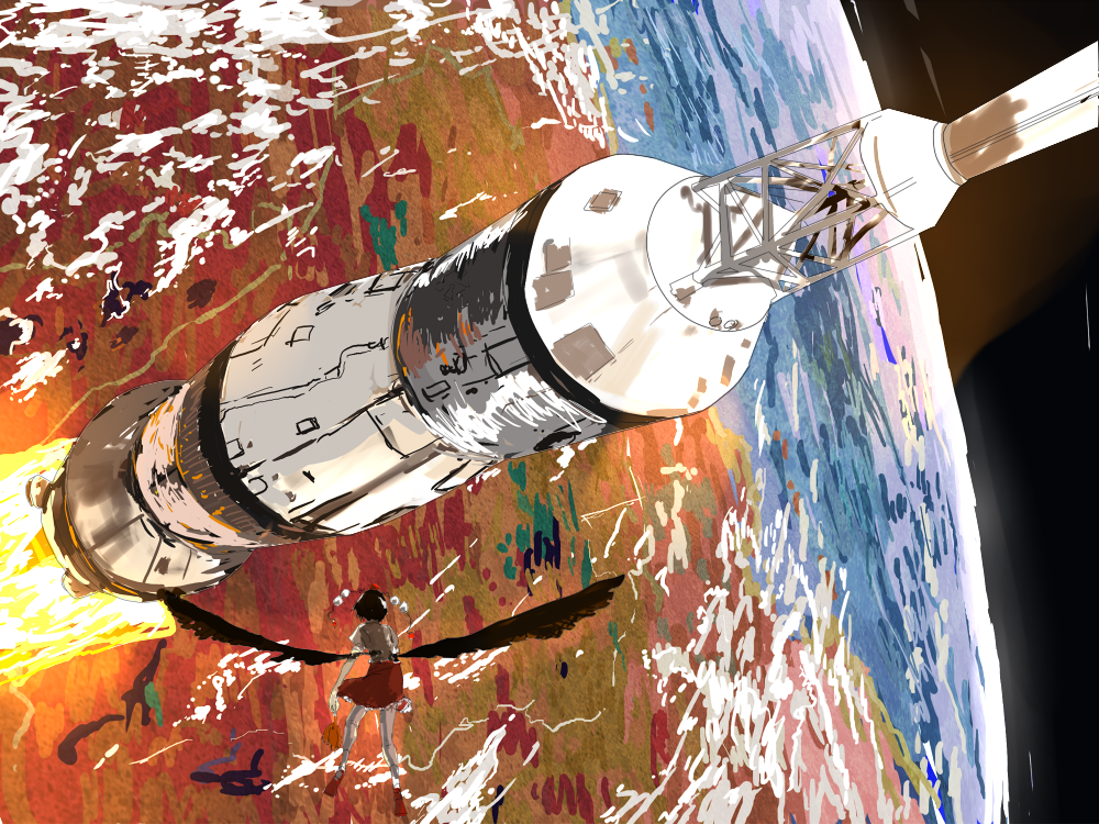kai (kai 013), apollo 7, shameimaru aya, touhou, bad id, bad pixiv id, commentary, 1girl, black hair, black wings, earth (planet), female focus, flying, geta, hat, rocket, short hair, solo, space, tengu-geta, tokin hat, wings