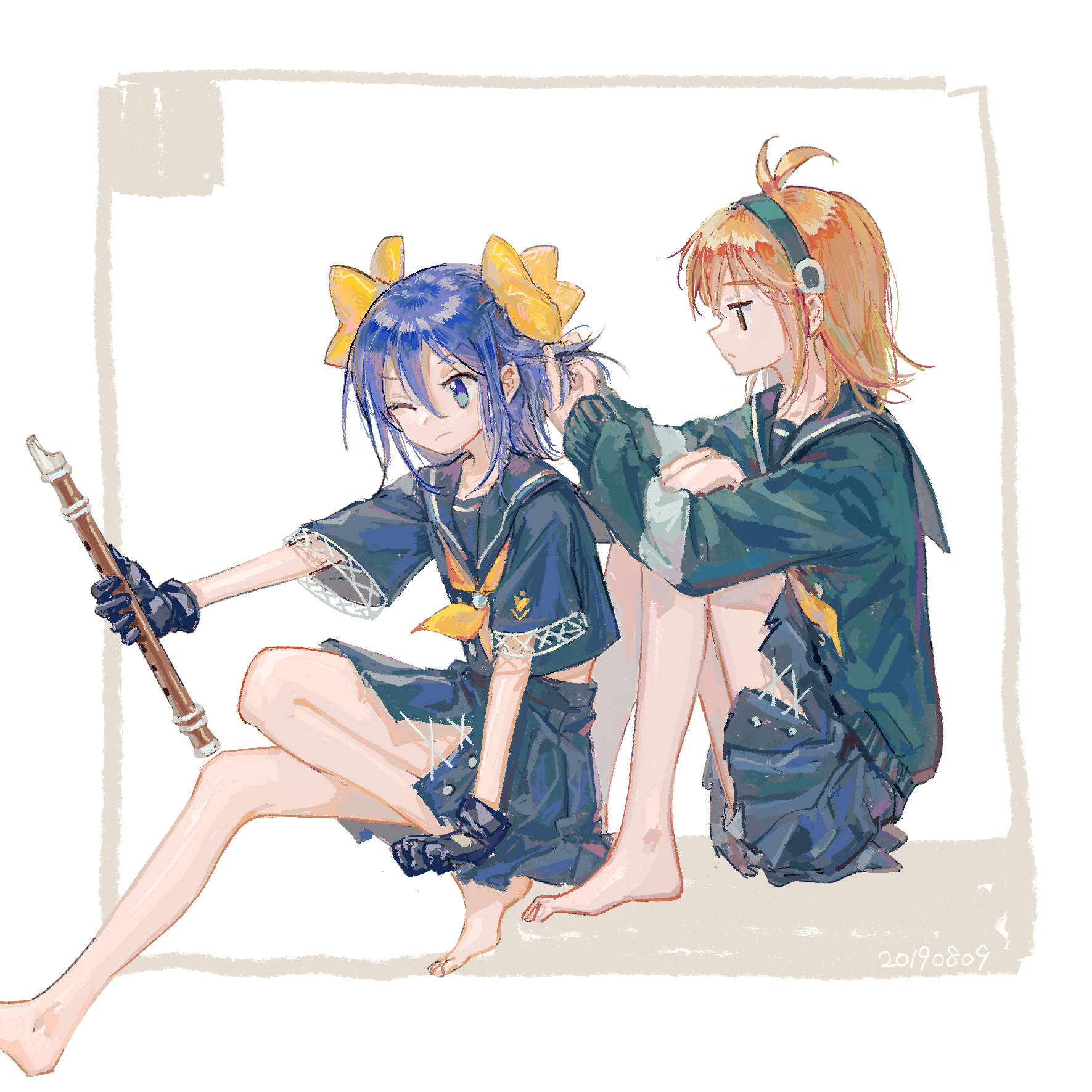 fox (770205490), ii-chan, yukariki ichihime, zaregoto series, character request, highres, 1boy, 1girl, antenna hair, barefoot, behind another, black gloves, black serafuku, black shirt, black skirt, blue eyes, blue hair, bow, crossdressing, crossdressing (mtf), dated, flute, frown, full body, gloves, green hairband, green sweater, hair bow, hairband, holding, holding flute, holding instrument, instrument, long sleeves, medium hair, multiple hair bows, one eye closed, orange hair, outstretched arm, recorder, school uniform, serafuku, shirt, short sleeves, simple background, sitting, skirt, sweater, tying another's hair, v-shaped eyebrows, white background, yellow bow