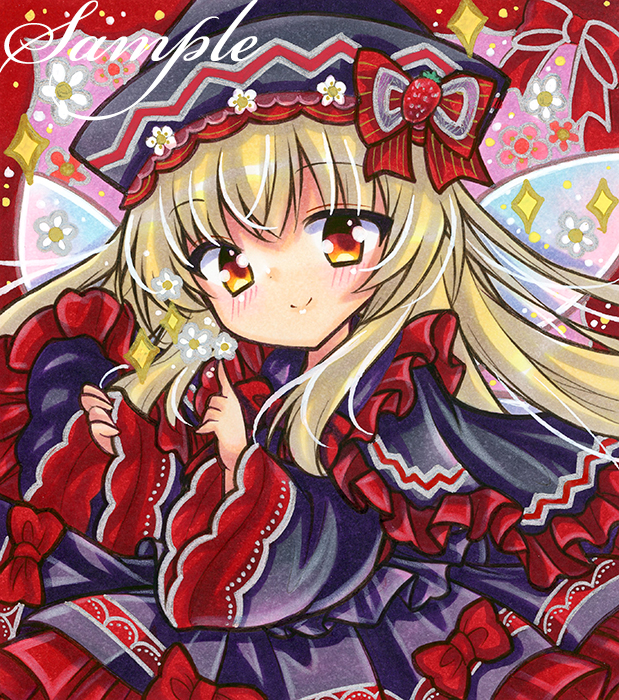 rui (sugar3), lily black, lily white, touhou, marker (medium), traditional media, 1girl, black dress, black hat, blonde hair, closed mouth, dress, flower, hat, long hair, long sleeves, orange eyes, red trim, sample watermark, smile, solo, sparkle, upper body, watermark, white flower, wide sleeves