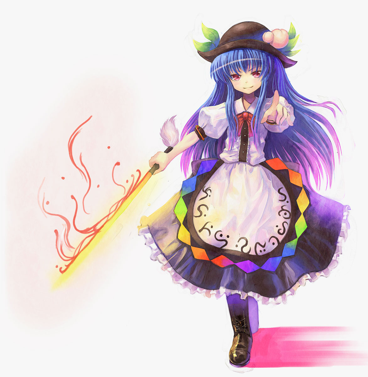 hyuuga azuri, hinanawi tenshi, touhou, highres, 1girl, blue hair, energy sword, female focus, food, fruit, full body, hat, long hair, peach, pointing, red eyes, solo, standing, sword, sword of hisou, weapon, white background