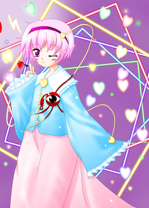 nagase bou, komeiji satori, touhou, 1girl, :3, blush, female focus, heart, pink hair, purple eyes, ribbon, short hair, solo, standing