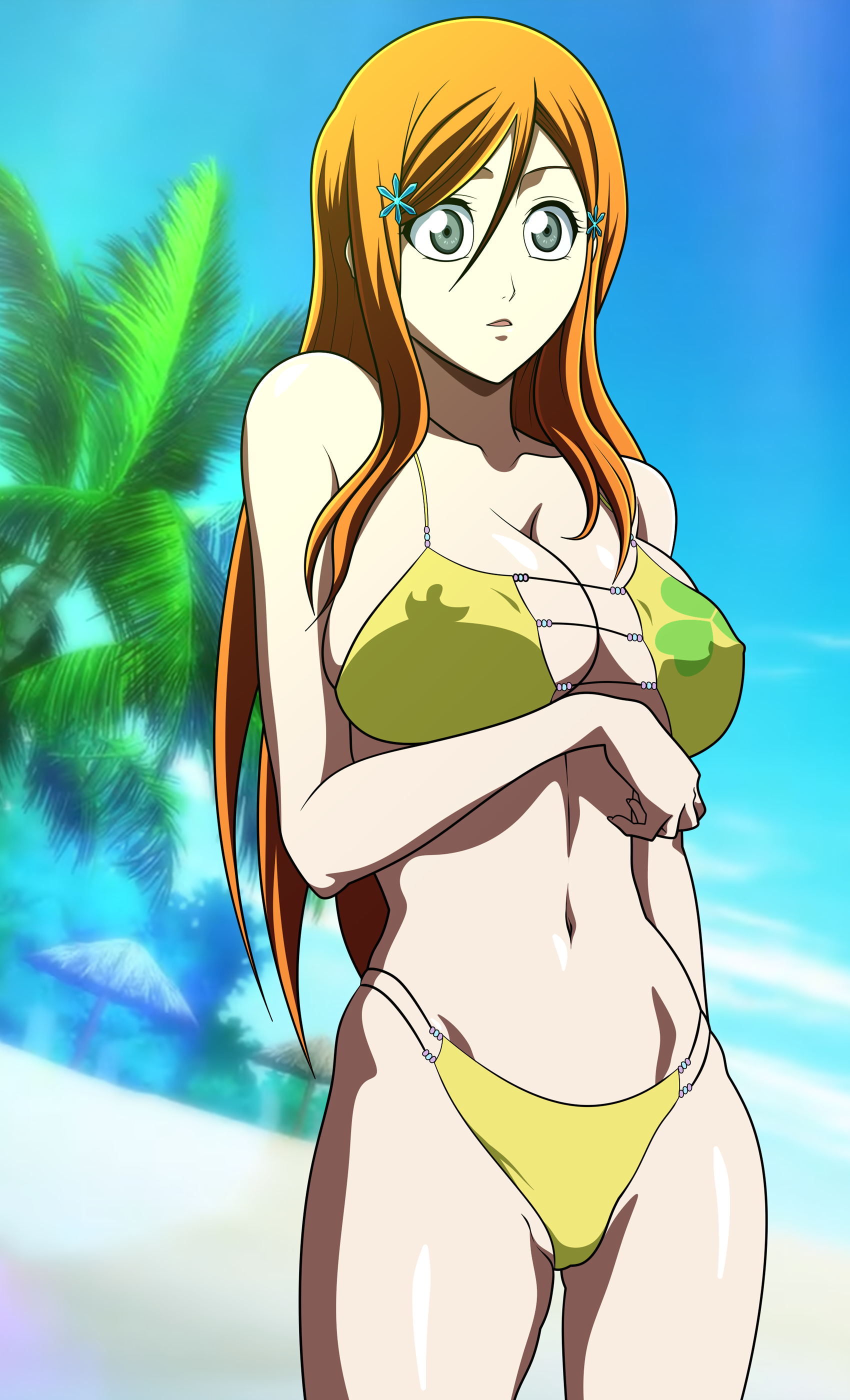 oldhorrorz, inoue orihime, bleach, alternate eye color, bare shoulders, beach, bikini, breasts, collarbone, large breasts, long hair, orange hair, palm leaf, palm tree, parted lips, sand, shiny skin, sky, solo, solo focus, standing, swimsuit, tree, yellow bikini