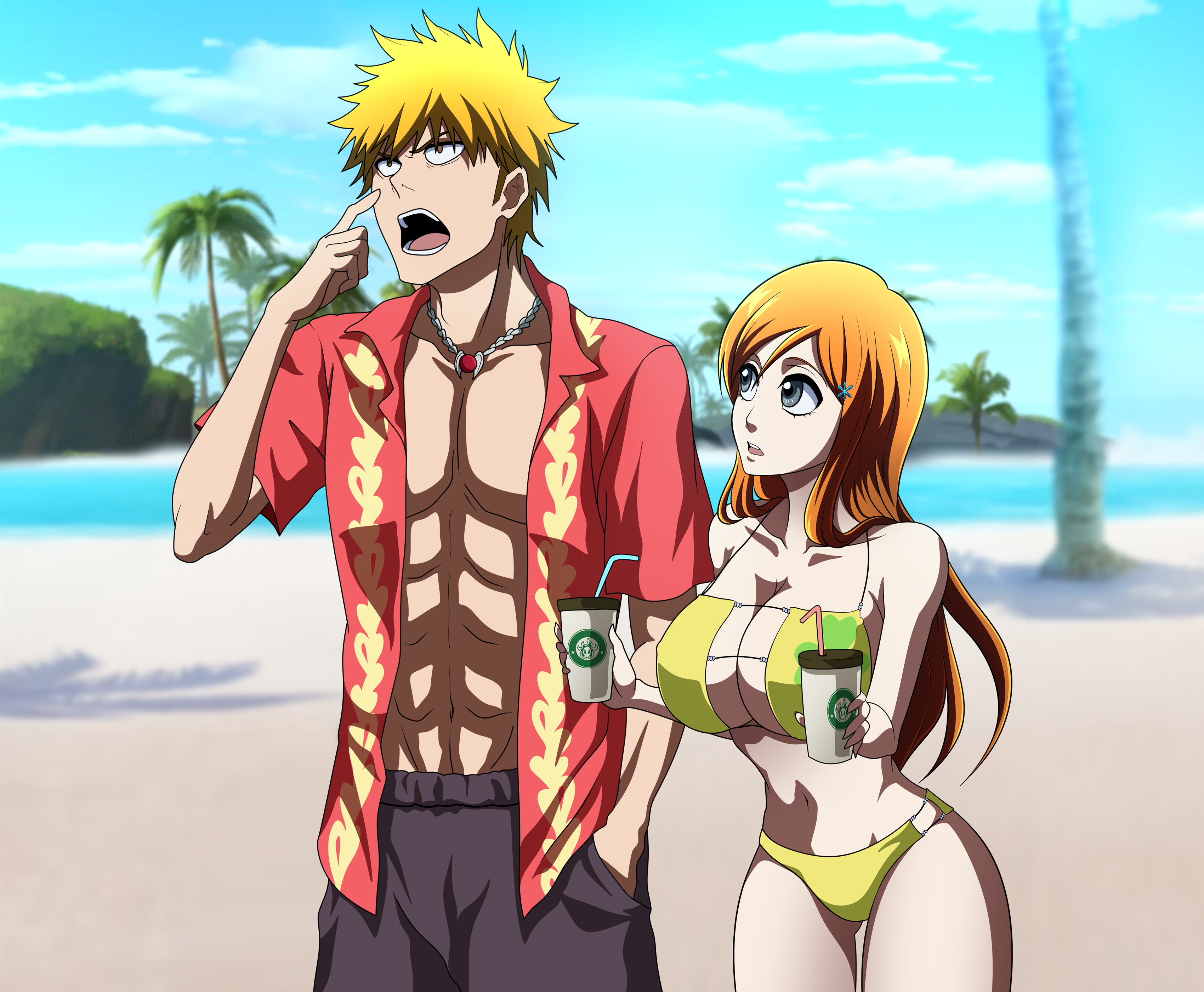 oldhorrorz, inoue orihime, kurosaki ichigo, bleach, 1boy, 1girl, abs, alternate eye color, bare shoulders, beach, bikini, blue sky, breasts, chain, chain necklace, cloud, collarbone, drink, hand in pocket, holding, holding drink, jewelry, large breasts, long hair, necklace, ocean, open mouth, orange hair, palm leaf, palm tree, sand, short hair, shorts, sky, swimsuit, toned, toned male, tree, water