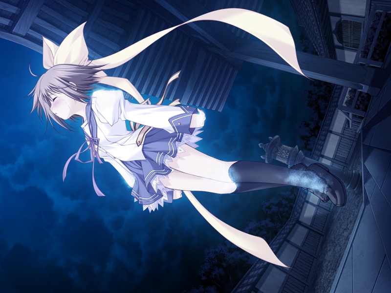 moekibara fumitake, ii futami, itsuka todoku ano sora ni, game cg, 1girl, blush, bow, closed eyes, cloud, dutch angle, female focus, floating, hair bow, kneehighs, night, ribbon, school uniform, short hair, socks, solo, tears, tree