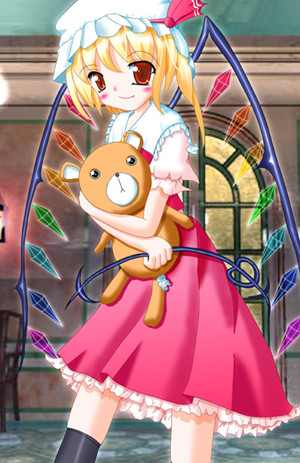 nagase bou, flandre scarlet, touhou, lowres, 1girl, bad anatomy, blonde hair, female focus, hat, laevatein, ponytail, poorly drawn, red eyes, solo, stuffed animal, stuffed toy, teddy bear, wings