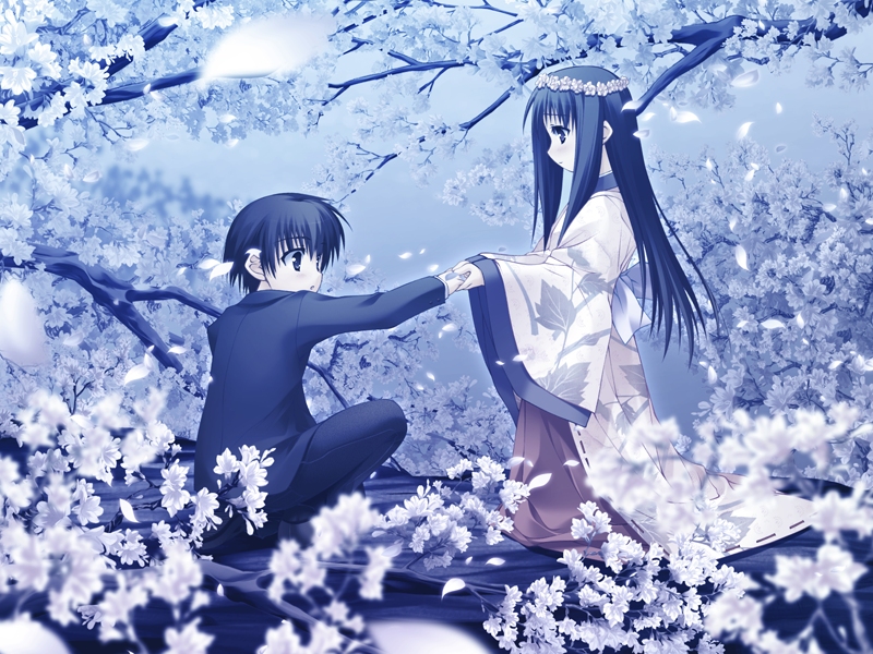 moekibara fumitake, ousuki konome, tatsumi saku, itsuka todoku ano sora ni, game cg, 1boy, 1girl, black hair, blue hair, blurry, blush, cherry blossoms, couple, depth of field, flower, hair flower, hair ornament, hetero, holding hands, in tree, japanese clothes, kimono, kneeling, long hair, night, outdoors, petals, tree