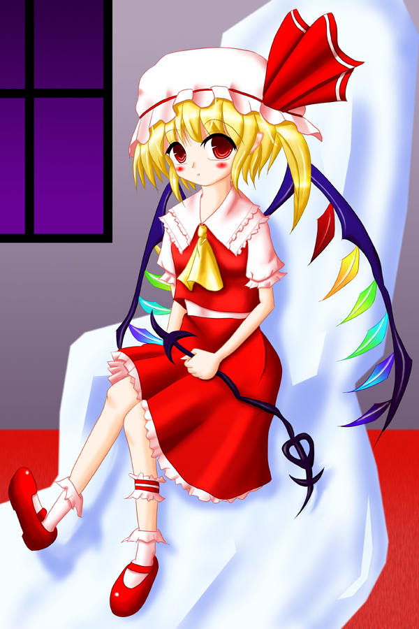 nagase bou, flandre scarlet, touhou, 1girl, blonde hair, female focus, full body, hat, indoors, laevatein, mob cap, ponytail, red eyes, sitting, solo, wings