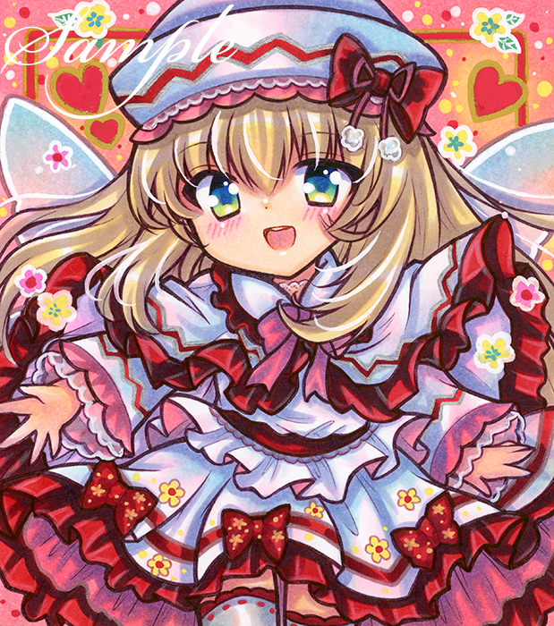 rui (sugar3), lily white, touhou, marker (medium), traditional media, 1girl, blonde hair, blue eyes, bow, dress, flower, hat, long hair, long sleeves, looking at viewer, open mouth, red bow, red trim, sample watermark, smile, solo, upper body, watermark, white dress, white hat, yellow flower