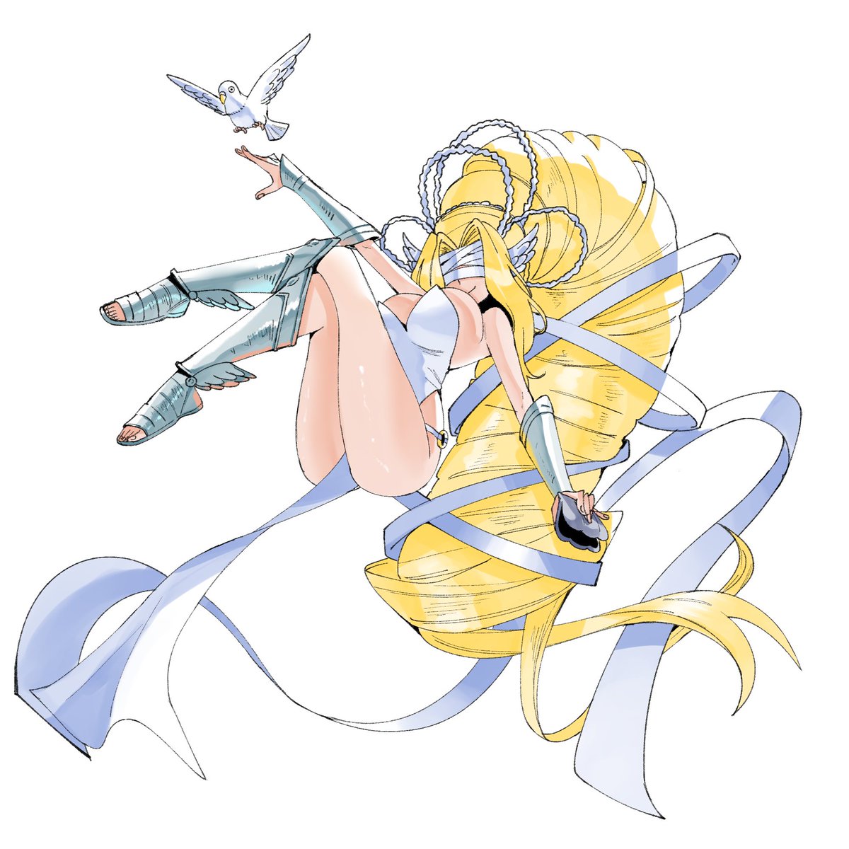 wanderjegson, venusmon, digimon, highres, 1girl, arm guards, arm up, armored boots, bare shoulders, bird, blindfold, blonde hair, boots, breasts, covered eyes, crossed legs, digimon (creature), digimon focus, dove, dress, facing viewer, full body, hair ribbon, holding, holding shell, large breasts, long dress, long hair, o-ring, o-ring bottom, o-ring panties, panties, pelvic curtain, ribbon, scallop, seashell, shell, smile, solo, strapless, strapless dress, underwear, very long hair, white dress, white panties, white ribbon, wing ears