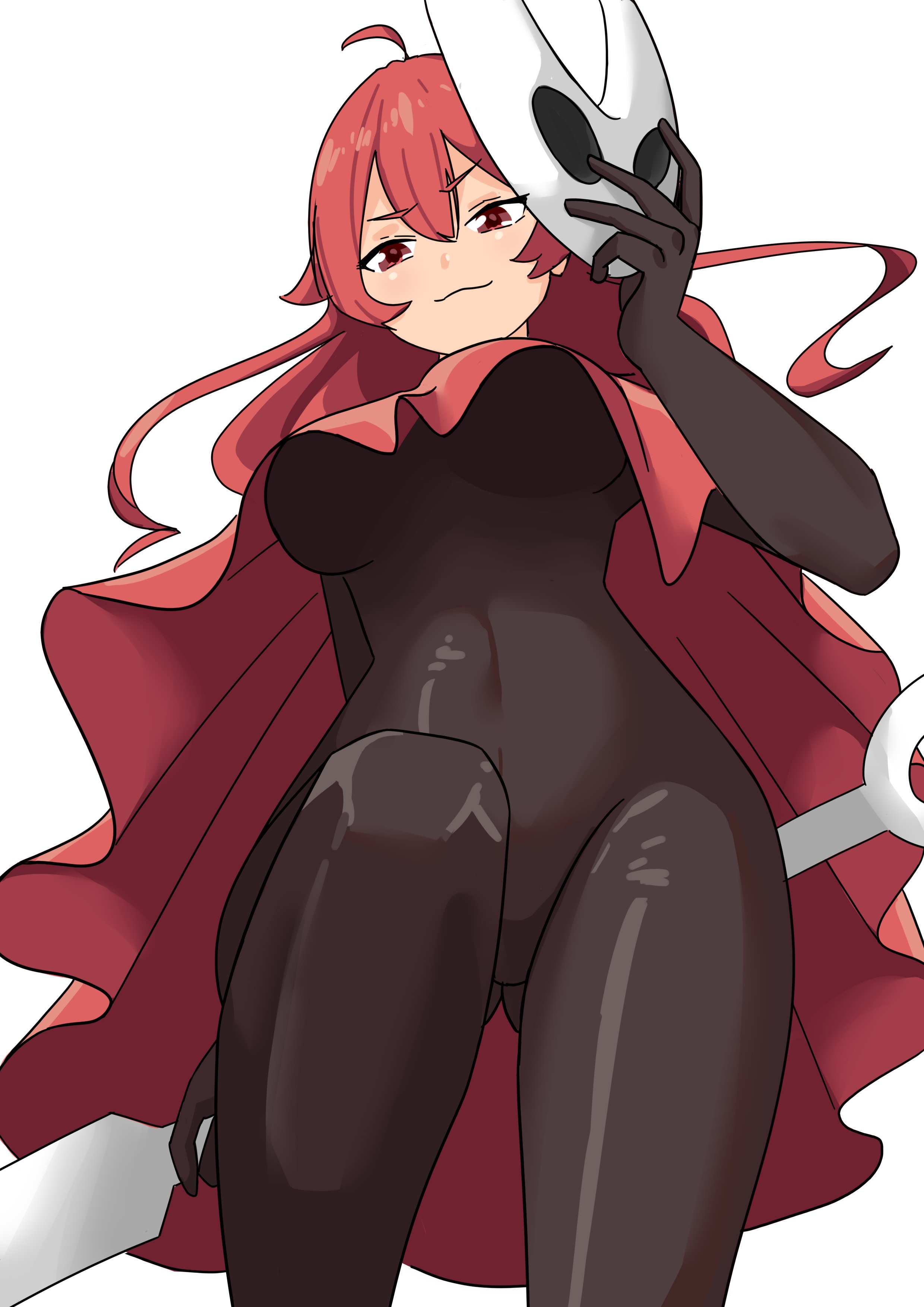 qarimune, eris greyrat, hornet (hollow knight), hollow knight, hollow knight: silksong, mushoku tensei, absurdres, highres, 1girl, ahoge, black bodysuit, bodysuit, breasts, cloak, cosplay, from below, holding, holding mask, hornet (hollow knight) (cosplay), large breasts, mask, red cloak, red eyes, red hair, smile, white background, white mask