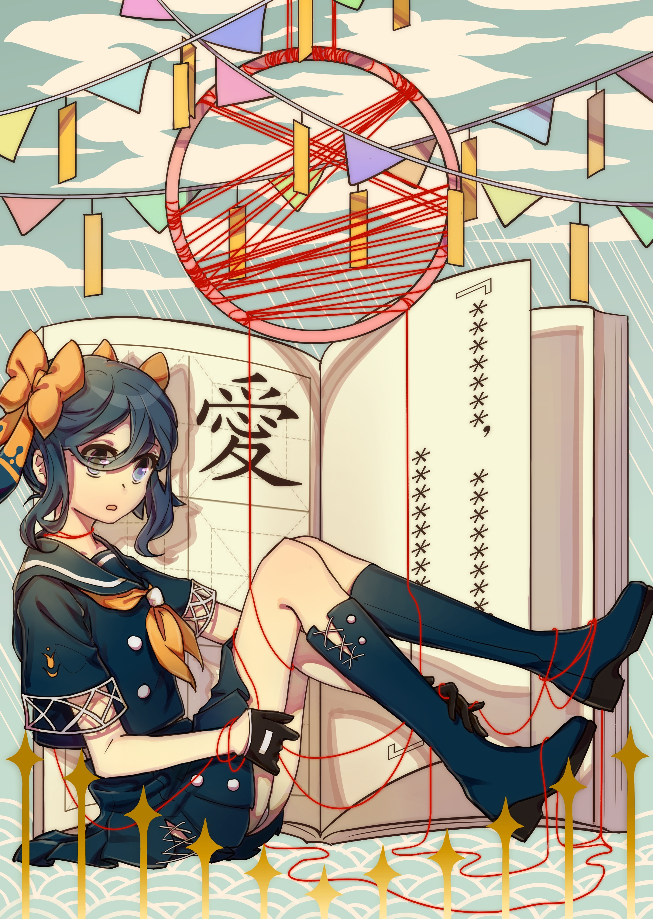 fox (770205490), yukariki ichihime, zaregoto series, absurdres, commentary request, highres, object request, 1girl, black boots, black gloves, black sailor collar, black serafuku, black shirt, black skirt, blue background, blue eyes, blue hair, book, boots, bow, cloud, feet up, from side, gloves, hair bow, holding, holding string, knee boots, looking to the side, multiple hair bows, neckerchief, open book, open mouth, oversized object, rain, sailor collar, school uniform, serafuku, shirt, short hair, sitting, skirt, solo, string, string of flags, yellow bow, yellow neckerchief