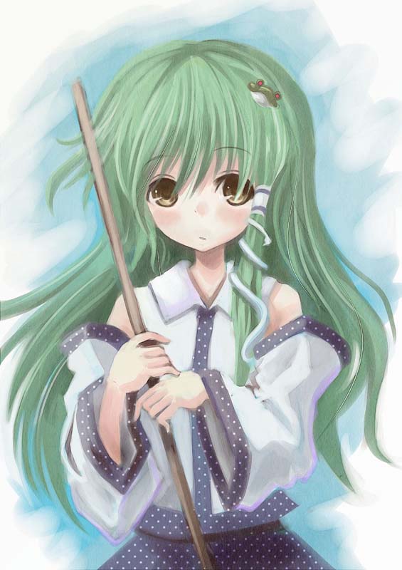 hyuuga azuri, kochiya sanae, touhou, 1girl, detached sleeves, female focus, gradient background, green hair, japanese clothes, long hair, miko, solo, yellow eyes
