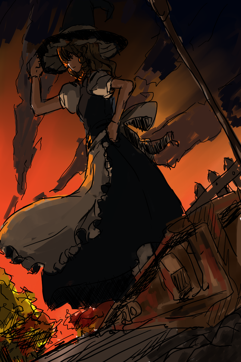 kai (kai 013), kirisame marisa, touhou, bad id, bad pixiv id, highres, 1girl, blonde hair, braid, dress, dusk, female focus, hat, nature, outdoors, perspective, plant, railing, railroad tracks, sketch, sky, solo, witch, witch hat