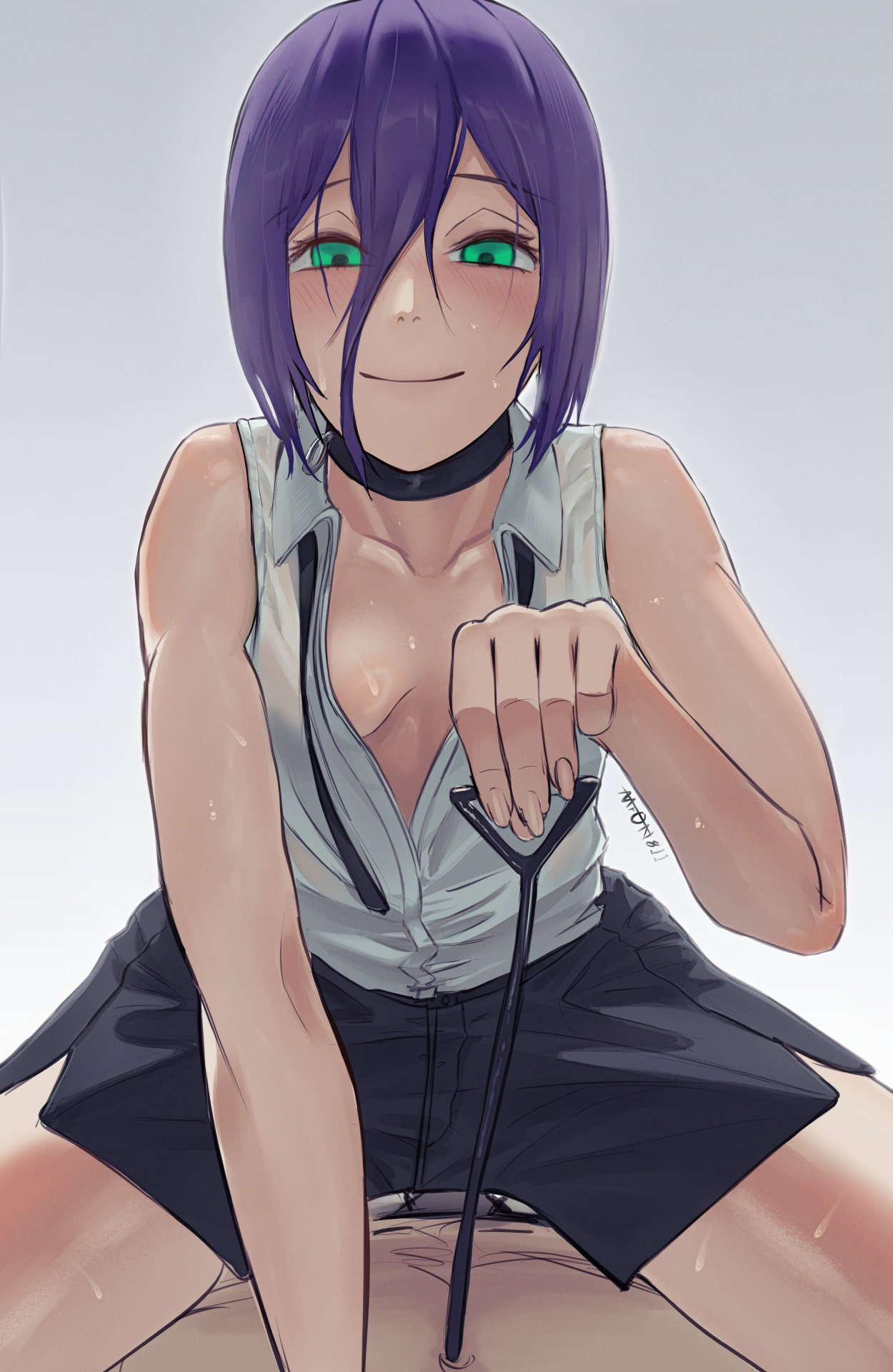 aaron (aaron4307), denji (chainsaw man), reze (chainsaw man), chainsaw man, highres, 1boy, 1girl, black choker, black shorts, breasts, choker, closed mouth, collared shirt, cord pull, girl on top, gradient background, green eyes, grey background, hair between eyes, hetero, partially unbuttoned, pull cord, purple hair, shirt, shorts, sleeveless, sleeveless shirt, small breasts, smile, sweat, white shirt