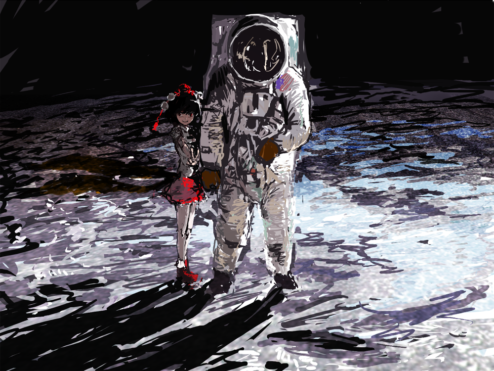 kai (kai 013), buzz aldrin, neil armstrong, shameimaru aya, real life, touhou, bad id, bad pixiv id, 1960s (style), 1boy, 1girl, astronaut, black hair, geta, hat, moon, oldschool, on moon, parody, realistic, red eyes, retro artstyle, shadow, short hair, space, spacesuit, tengu-geta, tokin hat