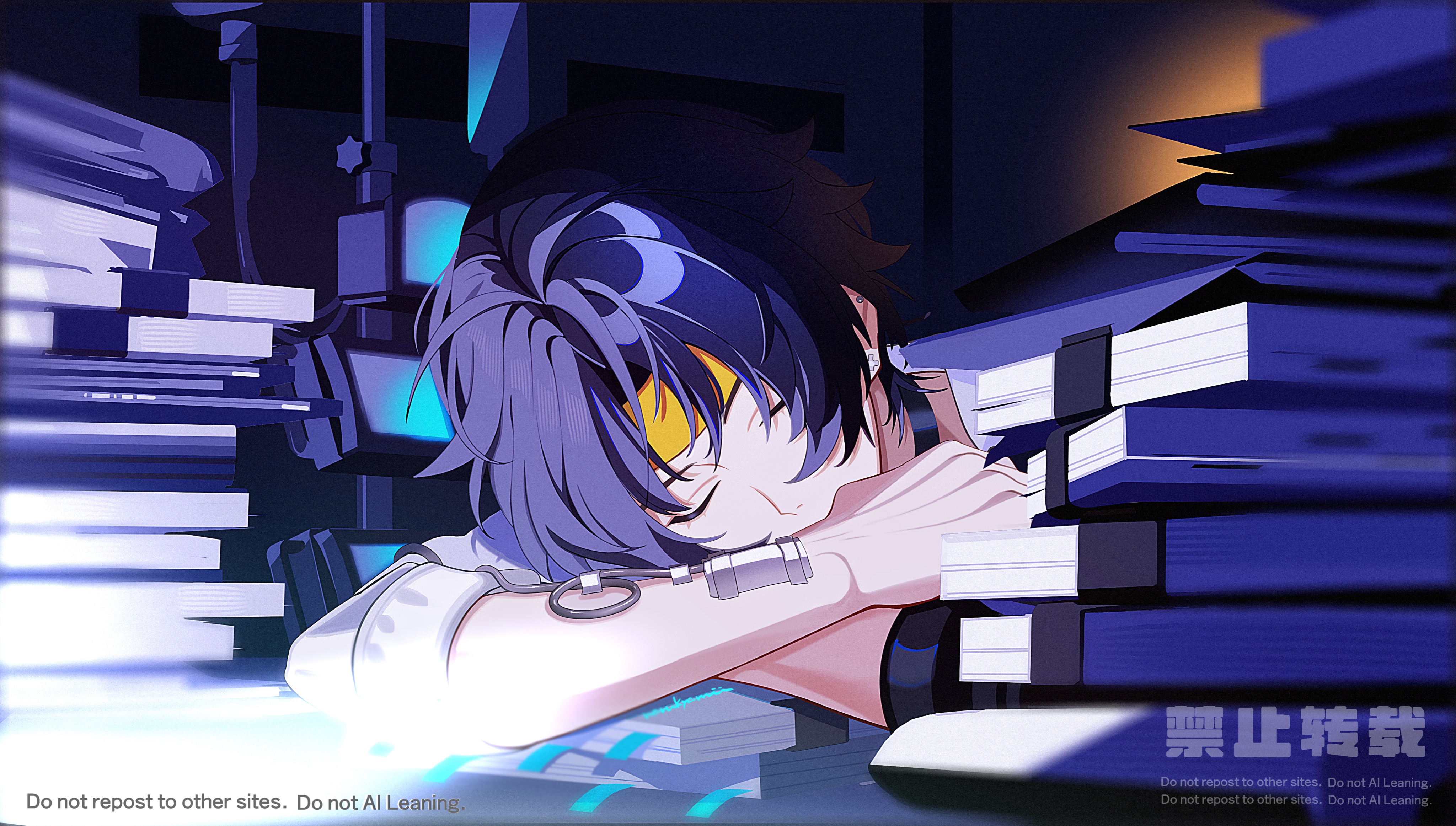 naru9, asaba harumasa, zenless zone zero, absurdres, highres, 1boy, black hair, book, catheter, choker, closed eyes, desk, earrings, headband, indoors, jewelry, male focus, paper, pile of books, shirt, short hair, sleeping, sleeping on desk, sleeves rolled up, solo, white shirt, yellow headband