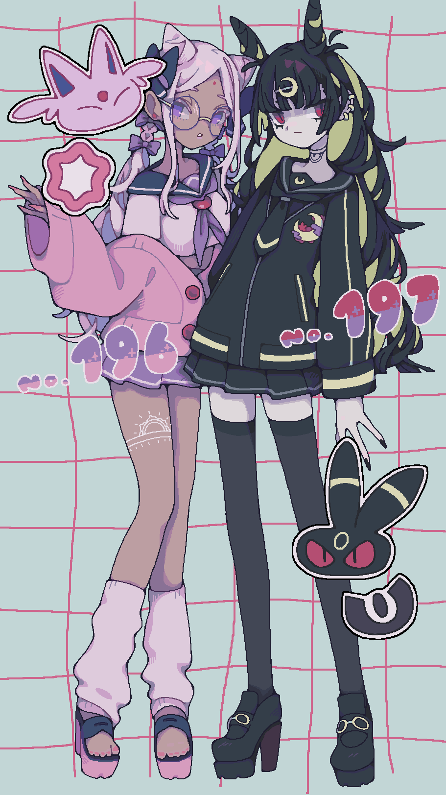 hurousya 95, espeon, umbreon, nintendo, pokemon, highres, 2girls, black hair, black jacket, black nails, black necktie, black sailor collar, black shoes, black skirt, black thighhighs, blonde hair, bow, cardigan, cat ear-shaped hair, chibi, chibi inset, crescent, crescent hair ornament, crop top, dark-skinned female, dark skin, facial mark, forehead mark, full body, gen 2 pokemon, grey background, hair ornament, hairclip, high heels, jacket, leg warmers, looking at viewer, multicolored hair, multiple girls, neckerchief, necktie, personification, pink cardigan, pink leg warmers, pink nails, pink shirt, pink shoes, pokedex number, purple bow, purple eyes, purple hair, purple neckerchief, purple sailor collar, purple skirt, red eyes, sailor collar, shirt, shoes, simple background, skirt, standing, thighhighs, twitter username, two-tone hair