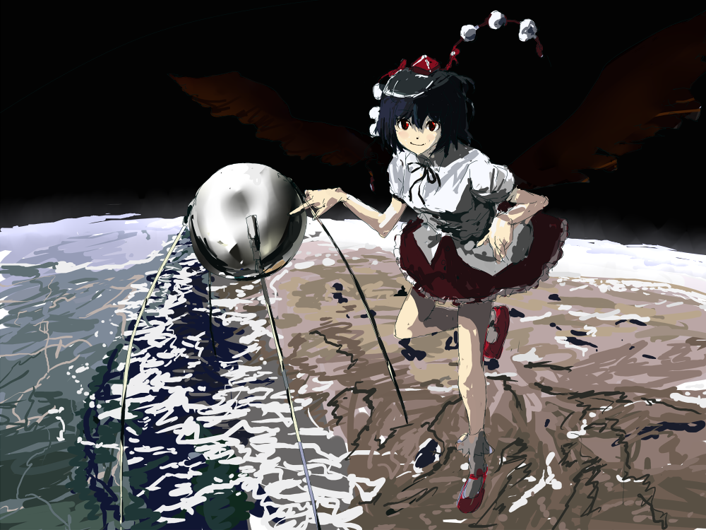 kai (kai 013), shameimaru aya, sputnik, touhou, bad id, bad pixiv id, 1girl, black hair, black wings, female focus, hat, outdoors, pointing, red eyes, satellite, solo, space, tokin hat, wings