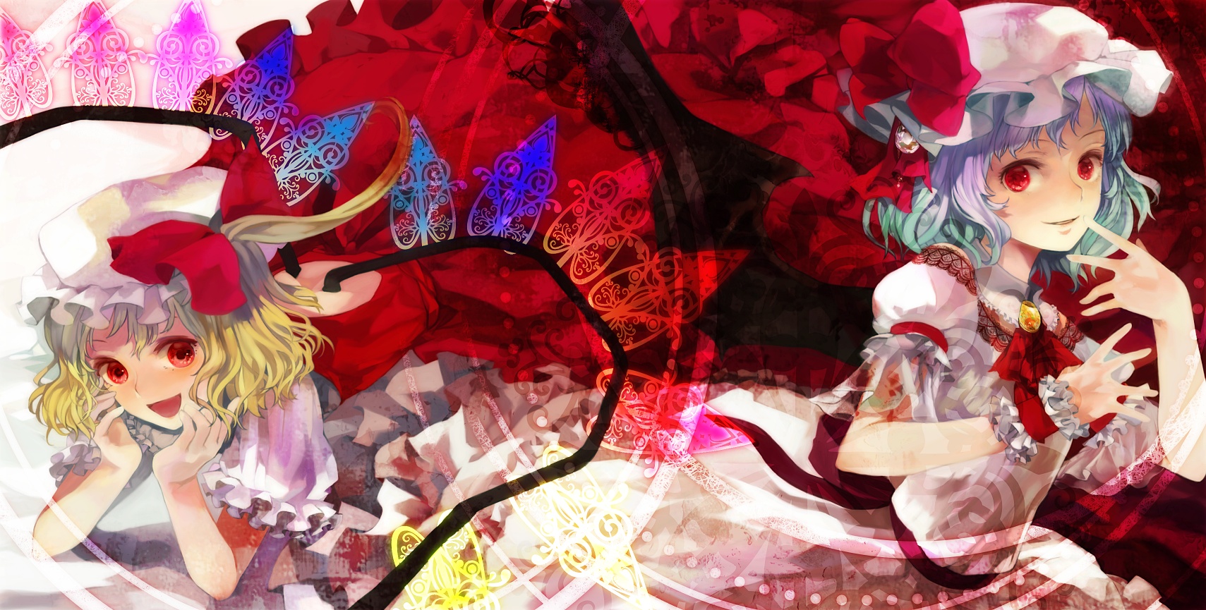 xero, flandre scarlet, remilia scarlet, touhou, highres, 2girls, alternate wings, bat wings, blonde hair, blue hair, female focus, multiple girls, red eyes, siblings, sisters, smile, wings