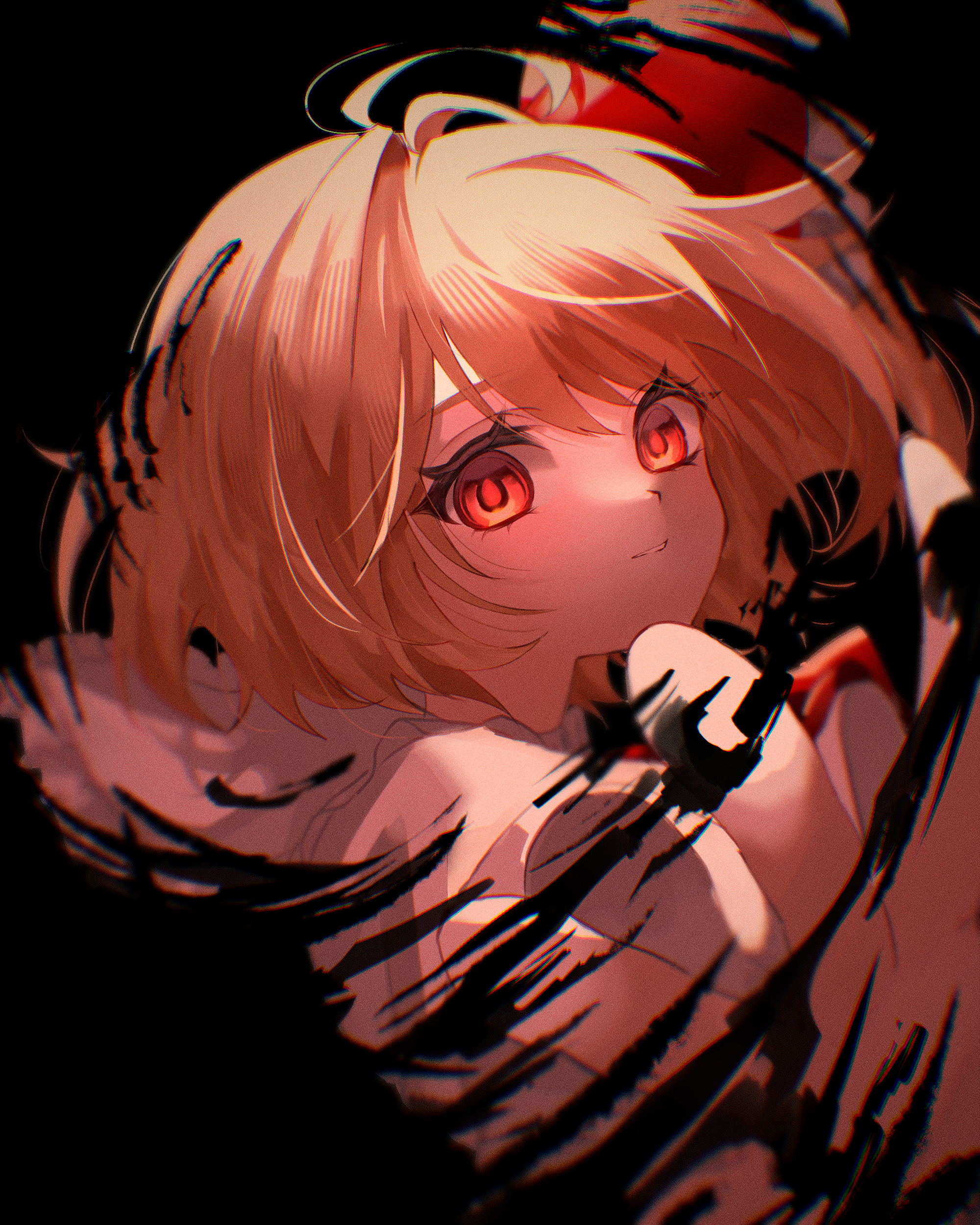 yoshino (q sci), rumia, touhou, absurdres, highres, 1girl, black background, blonde hair, darkness, looking at viewer, red eyes, short hair, solo