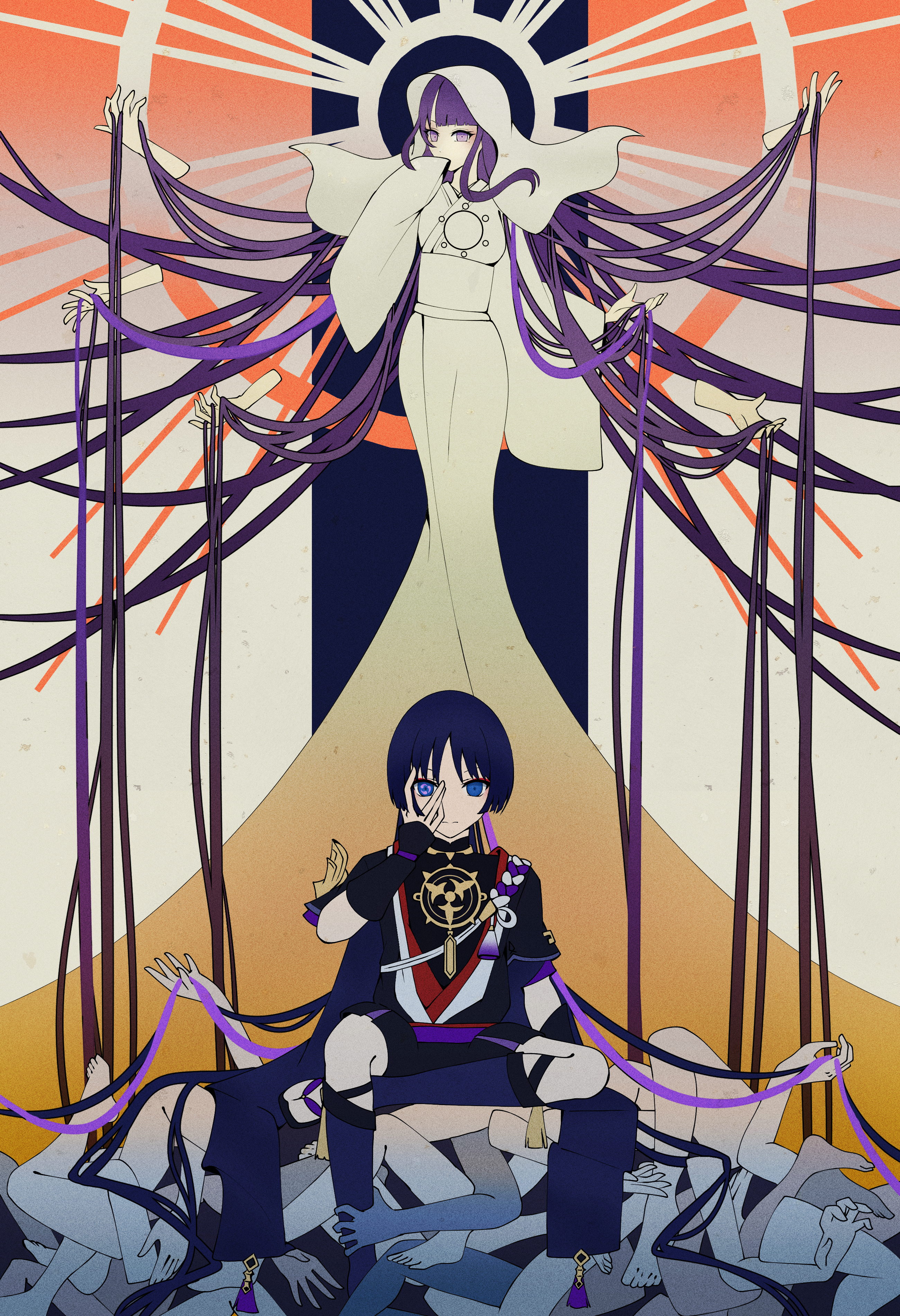 tukineko222, raiden shogun, scaramouche (genshin impact), genshin impact, absurdres, commentary request, duplicate, highres, 1boy, 1girl, alternate costume, armor, asymmetrical sidelocks, black bodysuit, black kimono, black sandals, black shorts, black sleeves, blunt bangs, blunt ends, bodysuit, closed mouth, cosplay, disembodied hand, disembodied leg, extra arms, eyeliner, eyeshadow, furisode, gold, half lotus position, halo, halo behind head, han'eri, hand on own face, japanese armor, japanese clothes, jewelry, kimono, kote, kurokote, layered kimono, layered shorts, layered sleeves, long sidelocks, long sleeves, looking at viewer, makeup, mandarin collar, mirror, mitsudomoe (shape), mother and son, neck ring, obi, open clothes, open kimono, parted bangs, purple eyes, purple hair, purple rope, purple sash, purple shorts, purple sleeves, red eyeliner, red eyeshadow, red kimono, red sash, rope, sandals, sash, shimenawa, short sleeves, shorts, sidelocks, single sleeve past fingers, sitting, sleeve over mouth, split mouth, statue of the seven, statue of the seven (cosplay), symbol-shaped pupils, tassel, tomoe (symbol), veil, white kimono, white rope, wide sleeves, zouri