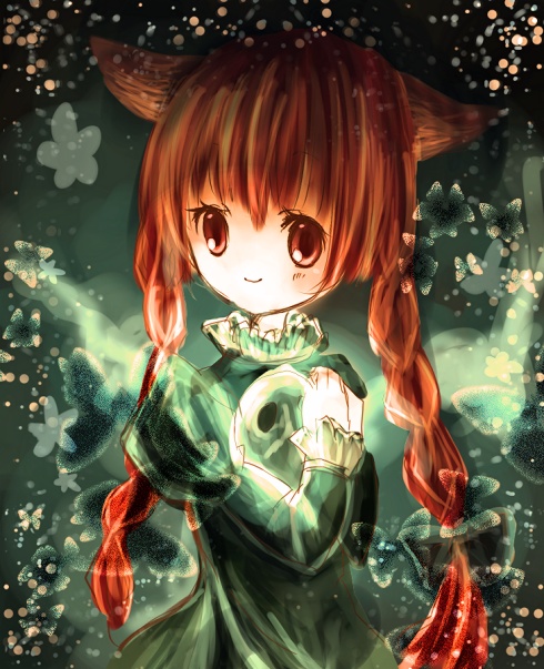 kohinata raichi, kaenbyou rin, touhou, bad id, bad pixiv id, 1girl, animal ears, braid, cat ears, cat girl, female focus, red eyes, red hair, solo, twin braids