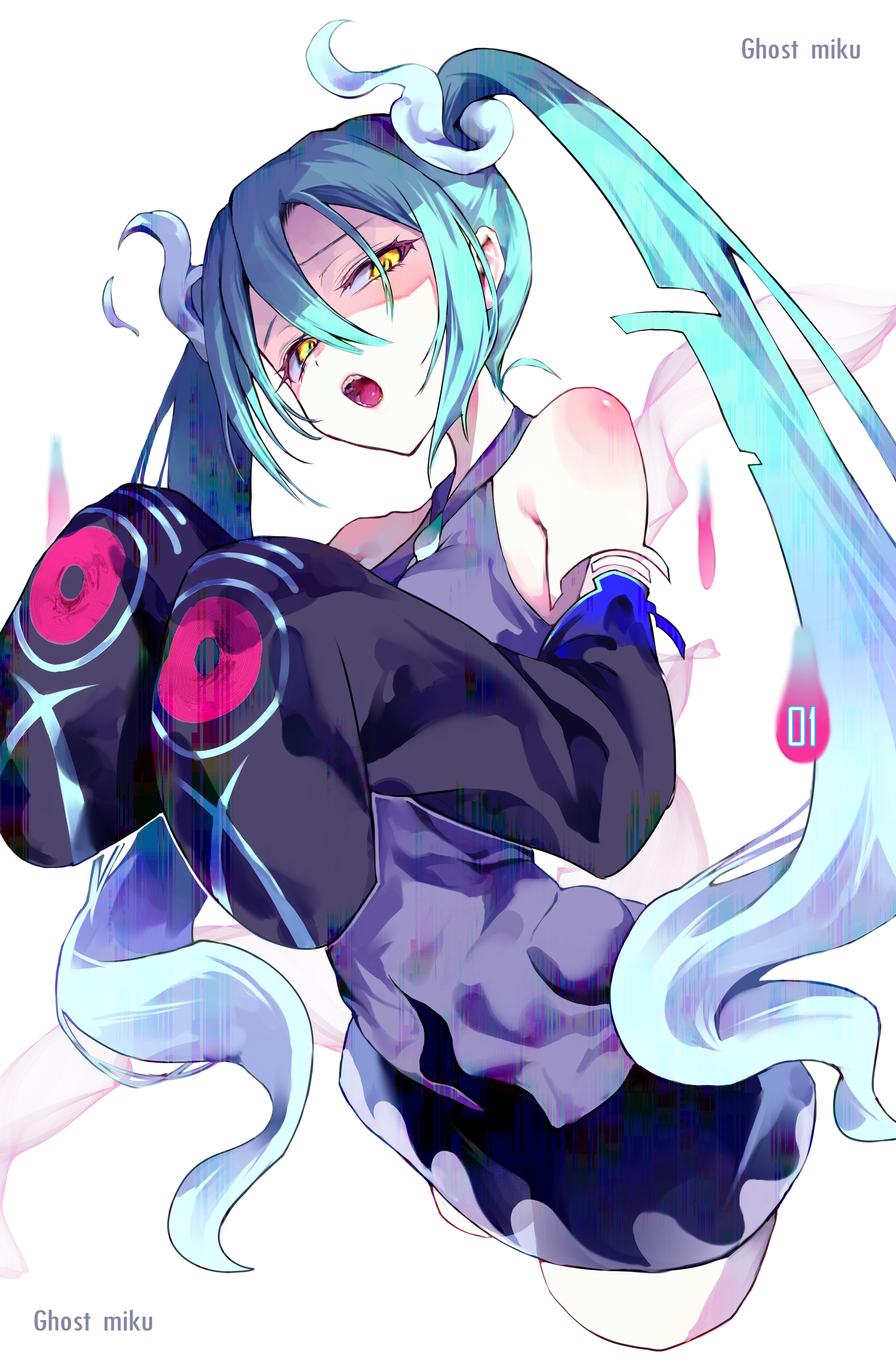 shikuwata, ghost miku (project voltage), hatsune miku, nintendo, pokemon, project voltage, vocaloid, absurdres, commentary, highres, 1girl, aqua hair, bare shoulders, character name, detached sleeves, ghost, glitch, gradient hair, grey shirt, hair between eyes, long hair, looking at viewer, multicolored hair, open mouth, see-through clothes, see-through skirt, shirt, skirt, sleeves past fingers, sleeves past wrists, solo, twintails, very long hair, will-o'-the-wisp (mythology), yellow eyes
