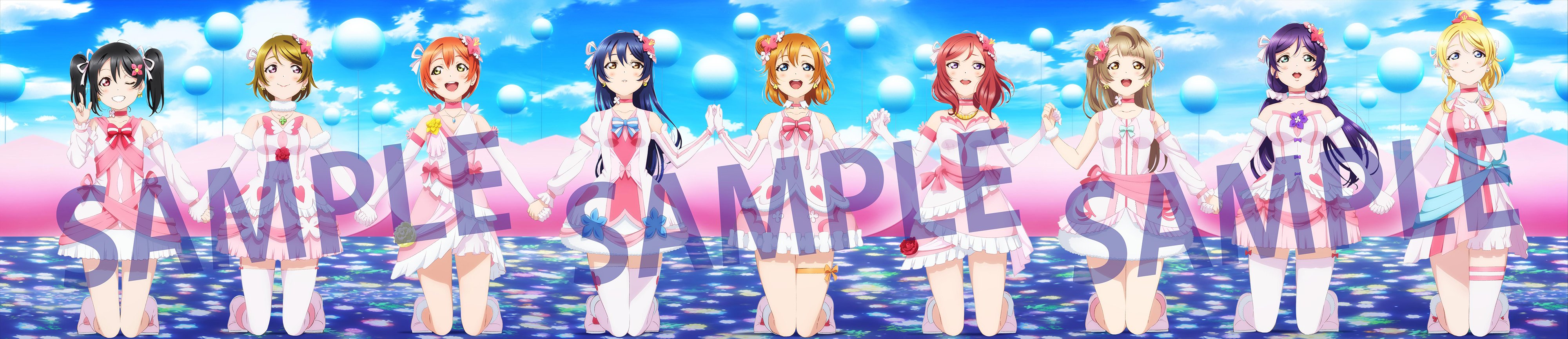 ayase eli, hoshizora rin, koizumi hanayo, kosaka honoka, minami kotori, nishikino maki, sonoda umi, tojo nozomi, yazawa nico, love live!, love live! school idol project, love live! the school idol movie, absurdres, highres, image sample, long image, non-web source, official art, wide image, 6+girls, alternate costume, alternate hairstyle, blonde hair, blue eyes, blue hair, bokutachi wa hitotsu no hikari, bow, brown hair, choker, dress, earrings, hair between eyes, hands on another's hips, holding, holding hands, jewelry, kneeling, long hair, looking at another, looking at viewer, multiple girls, one eye closed, red hair, short hair