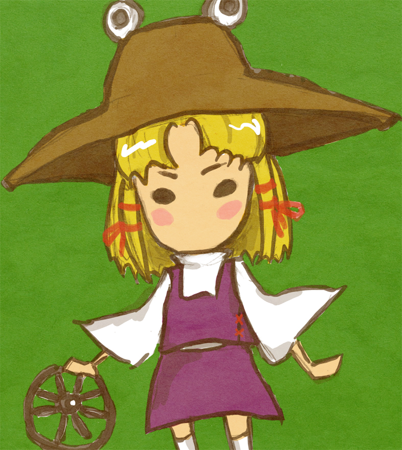 ryokosan, moriya suwako, ookami (game), touhou, bad id, bad pixiv id, 1girl, blonde hair, chibi, female focus, hat, moriya's iron rings, parody, ribbon, short hair, solo