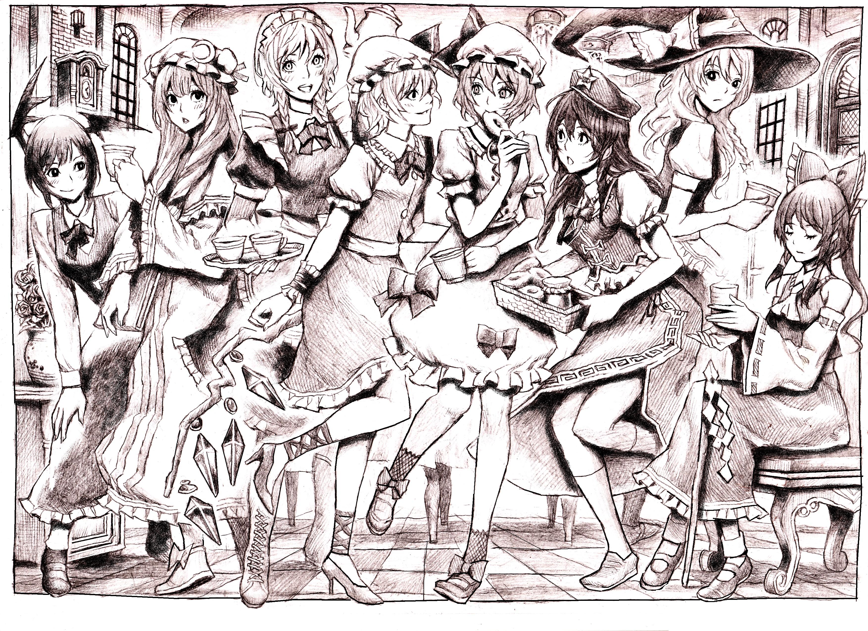 nobita (makoto7060355), flandre scarlet, hakurei reimu, hong meiling, izayoi sakuya, kirisame marisa, koakuma, patchouli knowledge, remilia scarlet, embodiment of scarlet devil, touhou, absurdres, highres, traditional media, 6+girls, apron, ascot, book, bow, braid, chair, checkered floor, chinese clothes, clock, crescent, cup, detached sleeves, donut, everyone, female focus, floor, flower, food, gohei, hair bow, hair tubes, hat, hat bow, head wings, maid headdress, mary janes, monochrome, multiple girls, perspective, purple theme, ribbon, shoes, side braid, skirt, skirt set, teacup, teapot, tray, twin braids, vanishing point, vase, wings