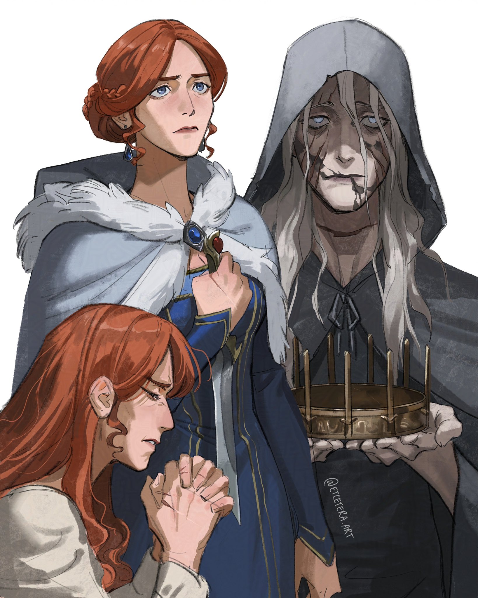 etceteraart, catelyn tully, lady stoneheart, a song of ice and fire, commentary, english commentary, highres, 1girl, alternate form, artist name, bags under eyes, blue eyes, braid, crown, dagger, earrings, empty eyes, expressionless, fur-trimmed hood, fur trim, grey hair, holding, holding crown, holding dagger, holding knife, holding weapon, hood, hood down, hood up, jewelry, knife, long hair, looking at viewer, mature female, orange hair, own hands together, parted lips, praying, scar, scar on face, scar on hand, scar on neck, simple background, tearing up, weapon, white background, worried
