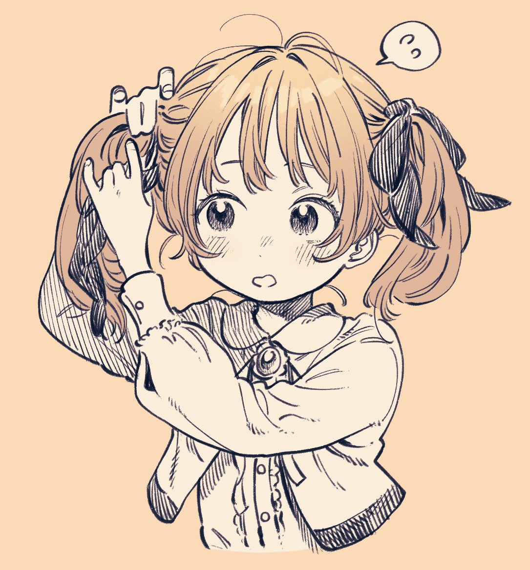 hantsuki (ichigonichiya), original, commentary request, 1girl, ahoge, brown hair, center frills, choppy bangs, collared jacket, cropped torso, frills, hair ribbon, hands up, jacket, medium hair, open mouth, partially colored, ribbon, shirt, solo, speech bubble, spoken sweatdrop, sweatdrop, twintails, twintails day, tying hair