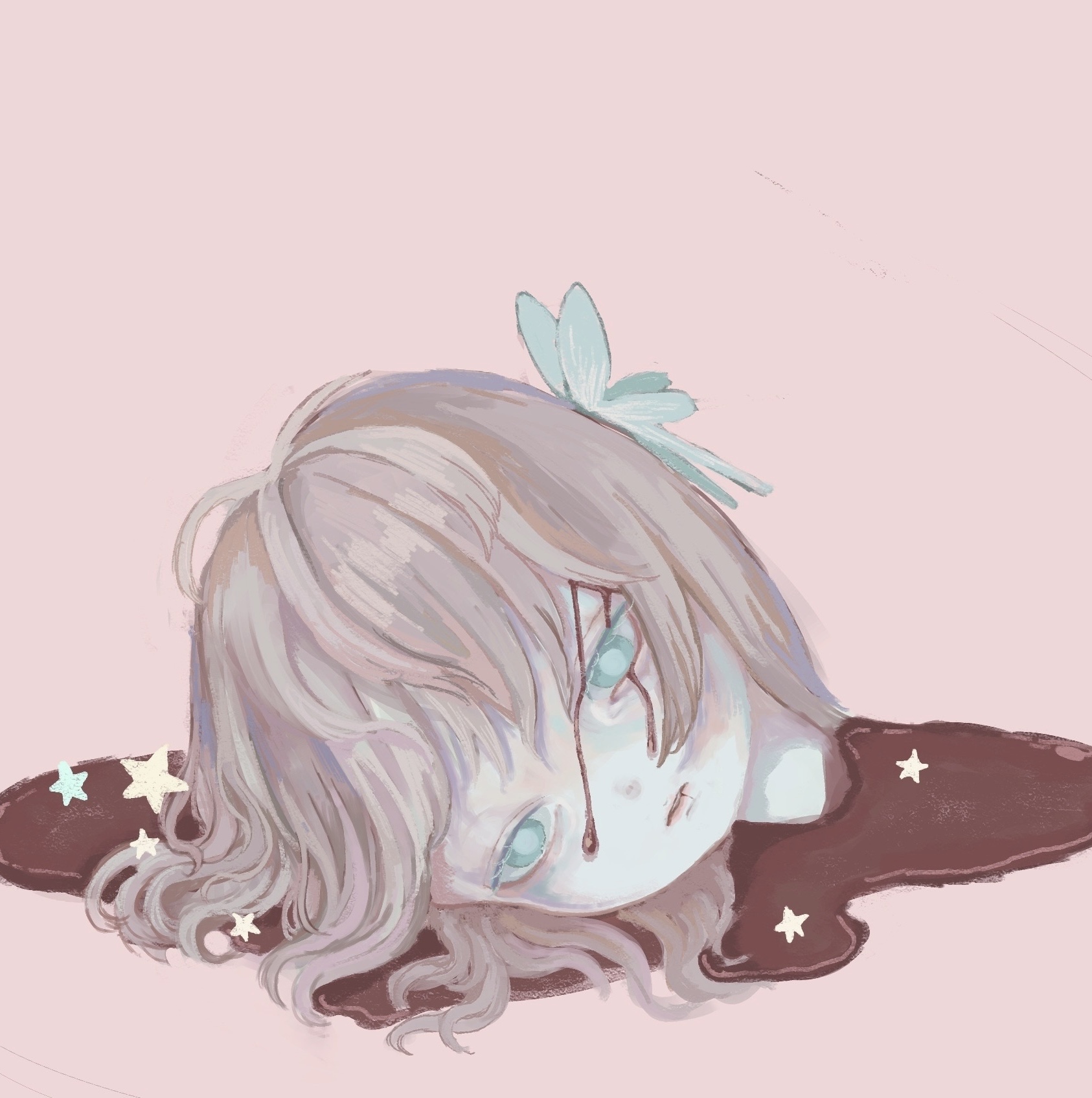 kapura, original, commentary, english commentary, highres, 1girl, aqua eyes, blood, expressionless, medium hair, severed head, simple background, solo, star (symbol)