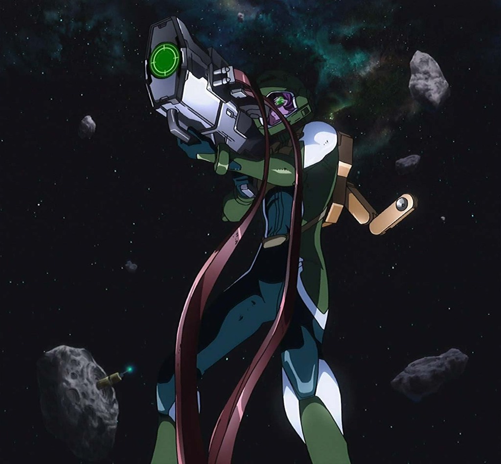 lockon stratos, gundam, gundam 00, pilot suit, anime screenshot, stitched, third-party edit, 00s, 1boy, bodysuit, helmet, male focus, space