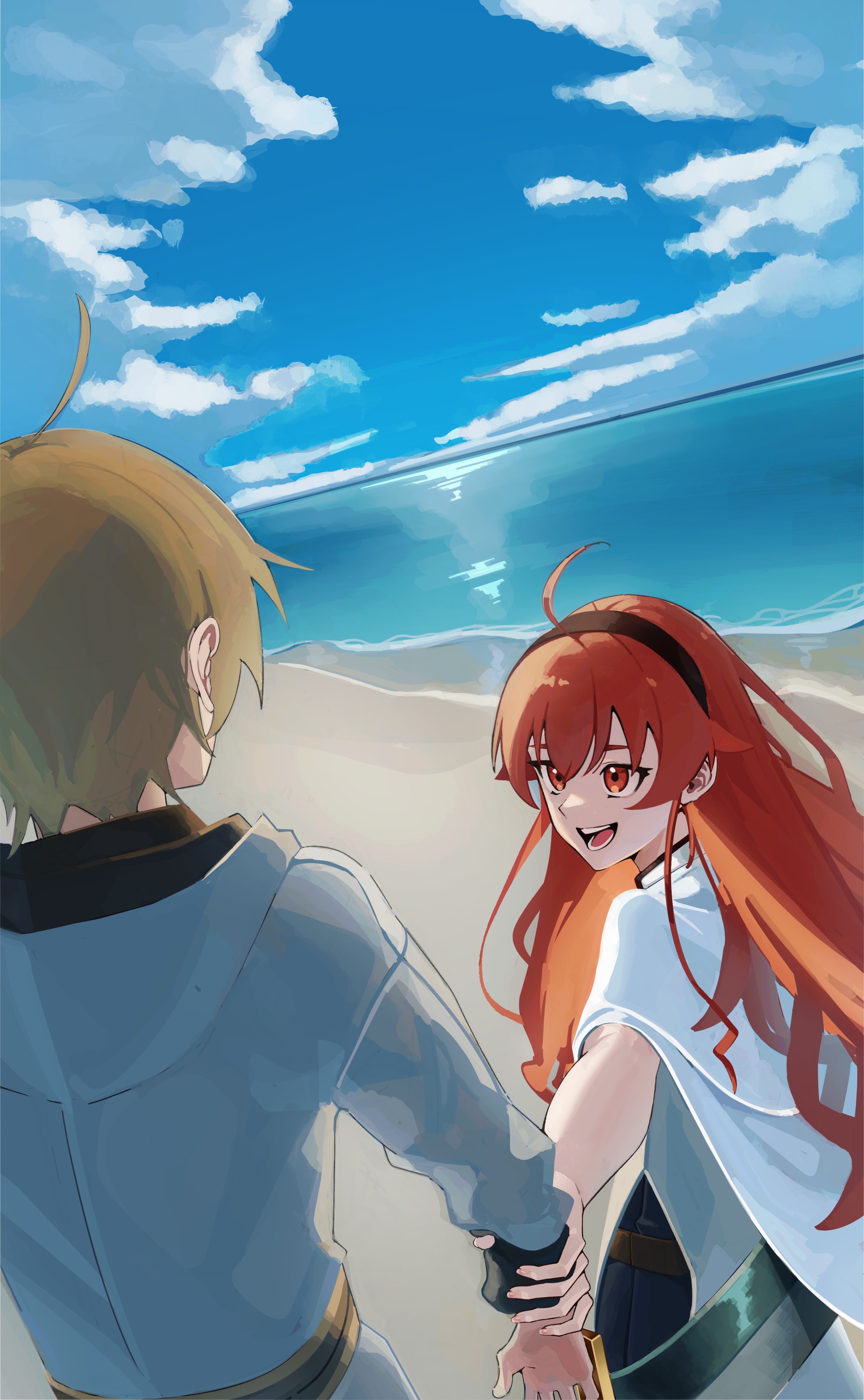 eris greyrat, rudeus greyrat, mushoku tensei, absurdres, highres, 1boy, 1girl, ahoge, beach, black tiara, blue sky, bow, brown hair, cloud, grabbing another's arm, looking at another, mai82880647, ocean, open mouth, pulling arm, red bow, red eyes, sky, smile, sword, tiara, weapon