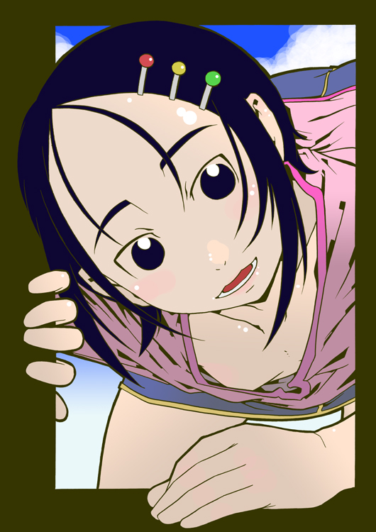 nanakamado anno, original, bad id, bad pixiv id, 1girl, bent over, black eyes, black hair, breasts, downblouse, female focus, hair ornament, hairclip, no bra, short hair, skirt, small breasts, solo