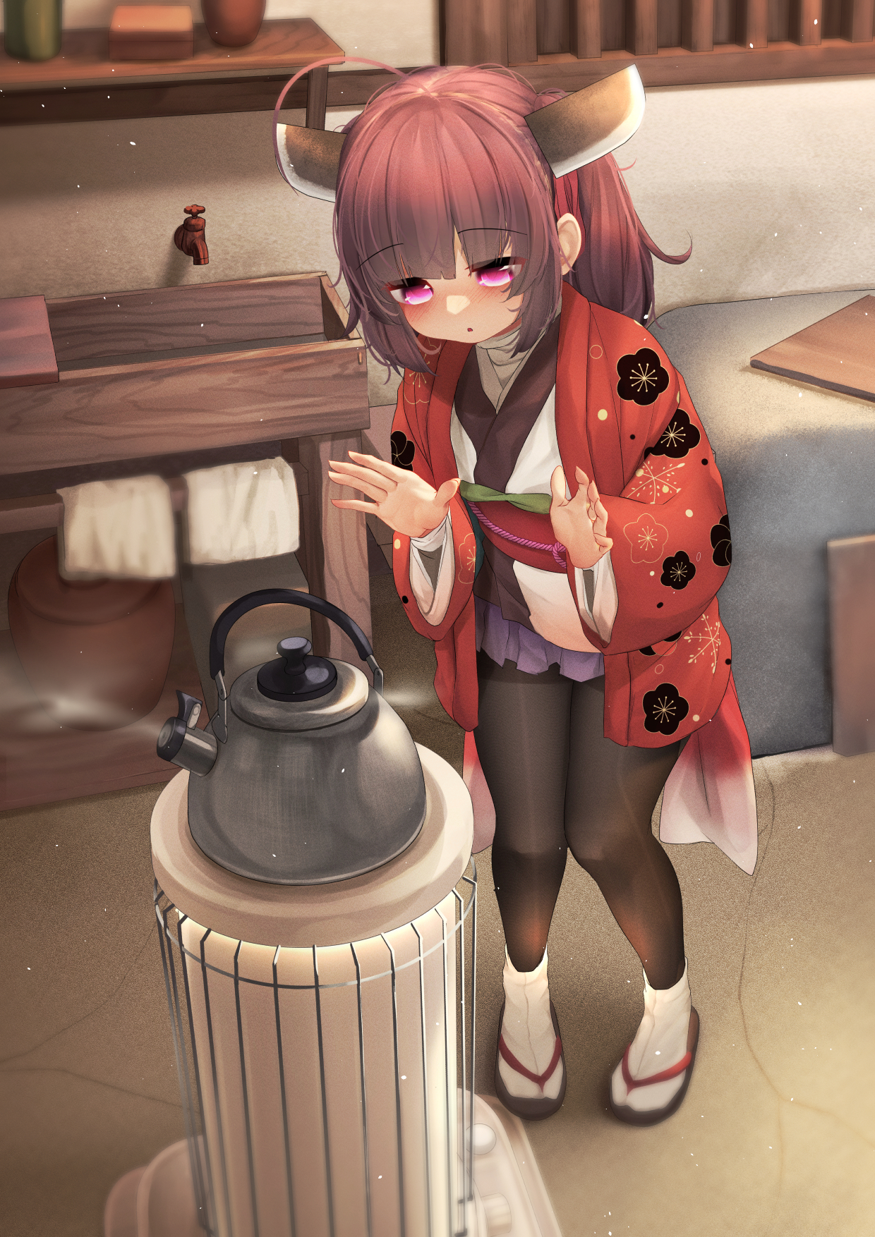 ne an ito, touhoku kiritan, voiceroid, bad id, bad pixiv id, commentary request, highres, 1girl, black pantyhose, blush, brown hair, faucet, full body, hanten (clothes), indoors, japanese clothes, kerosene heater, kettle, kimono, light particles, medium hair, microskirt, pantyhose, pink eyes, purple skirt, sandals, short kimono, sink, skirt, socks, socks over pantyhose, solo, standing, steam, tabi, twintails, undershirt, warming hands, white kimono, white socks, zouri