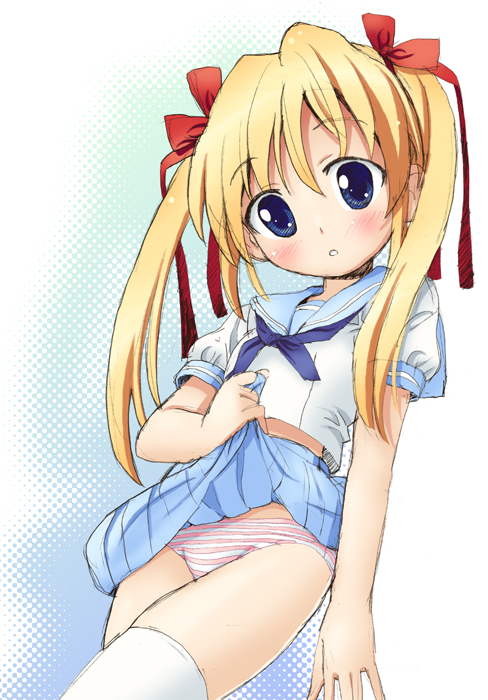 homing (areya), original, bad id, bad pixiv id, 1girl, blonde hair, blue eyes, clothes lift, female focus, hair ribbon, loli, long hair, panties, ribbon, school uniform, serafuku, skirt, skirt lift, solo, striped clothes, striped panties, thighhighs, twintails, underwear