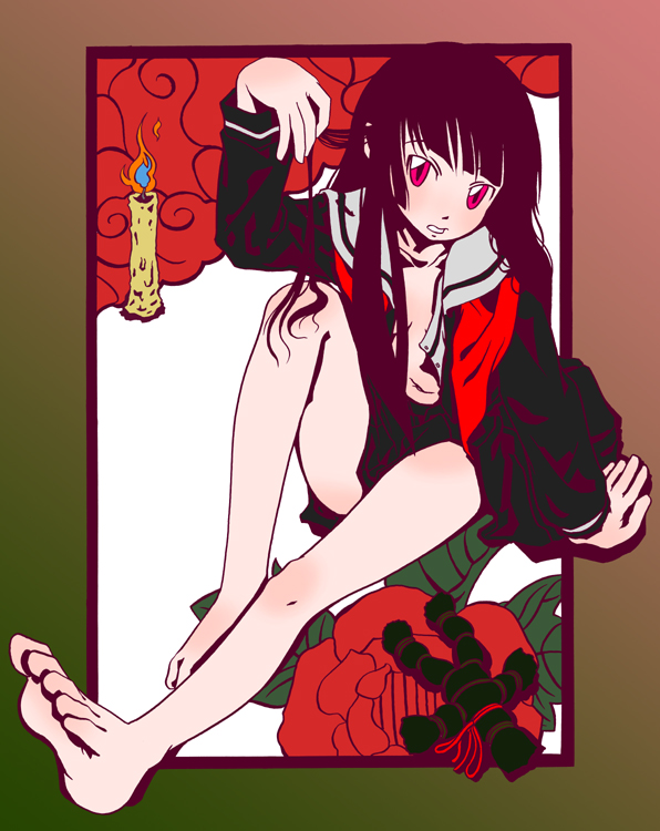 nanakamado anno, enma ai, jigoku shoujo, bad id, bad pixiv id, 00s, 1girl, barefoot, black hair, black serafuku, blunt bangs, breasts, candle, feet, female focus, hime cut, long hair, open clothes, open shirt, red eyes, school uniform, serafuku, shirt, small breasts, soles, solo