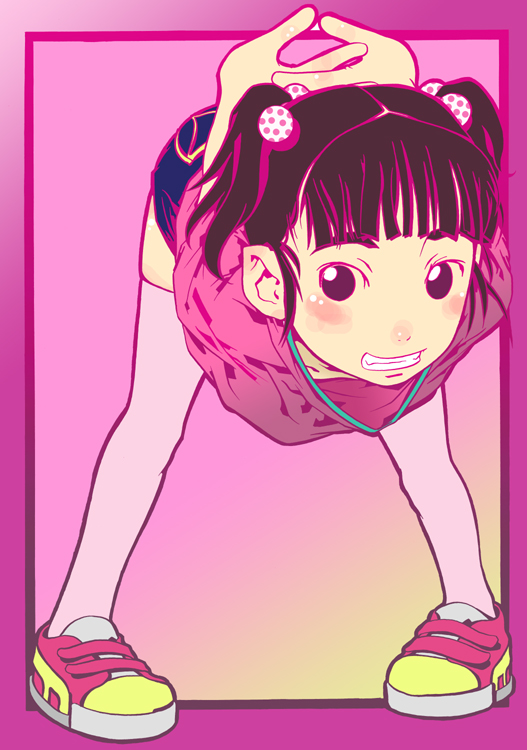 nanakamado anno, original, bad id, bad pixiv id, 1girl, arms behind back, bent over, black eyes, black hair, child, downblouse, female focus, flat chest, grin, hair bobbles, hair ornament, legs, own hands clasped, own hands together, shoes, short hair, short twintails, smile, sneakers, solo, thighhighs, twintails