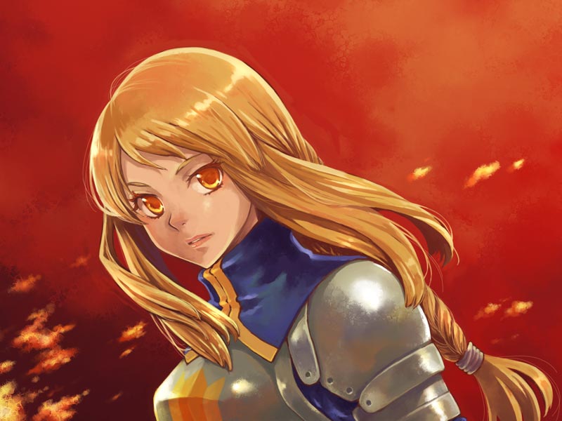 ogretree, saikachi, saikachi (ogre tree), agrias oaks, final fantasy, final fantasy tactics, 1girl, armor, blonde hair, braid, braided ponytail, female focus, knight, long hair, single braid, solo, yellow eyes