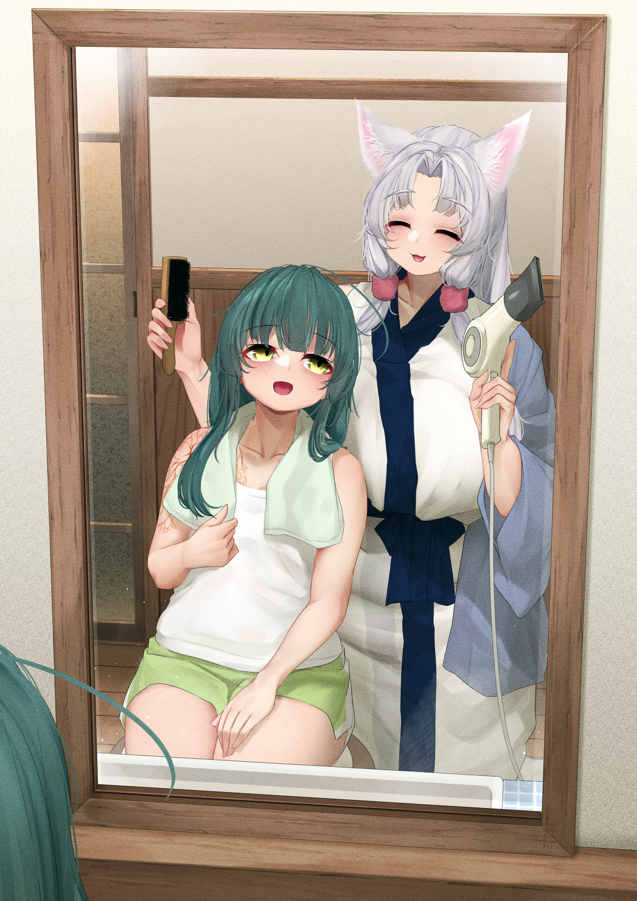 ne an ito, touhoku itako, touhoku zunko, voiceroid, bad id, bad pixiv id, highres, 2girls, :3, animal ears, bathroom, behind another, blush, breasts, dolphin shorts, fox ears, fox girl, green hair, green shorts, hair brush, hair dryer, hand on lap, holding, holding hair brush, holding hair dryer, indoors, japanese clothes, kimono, large breasts, long hair, long sleeves, looking at another, looking back, mirror, multiple girls, open mouth, ponytail, reflection, short shorts, shorts, siblings, sisters, sitting, smile, tank top, towel, towel around neck, white hair, white kimono, white tank top, yellow eyes